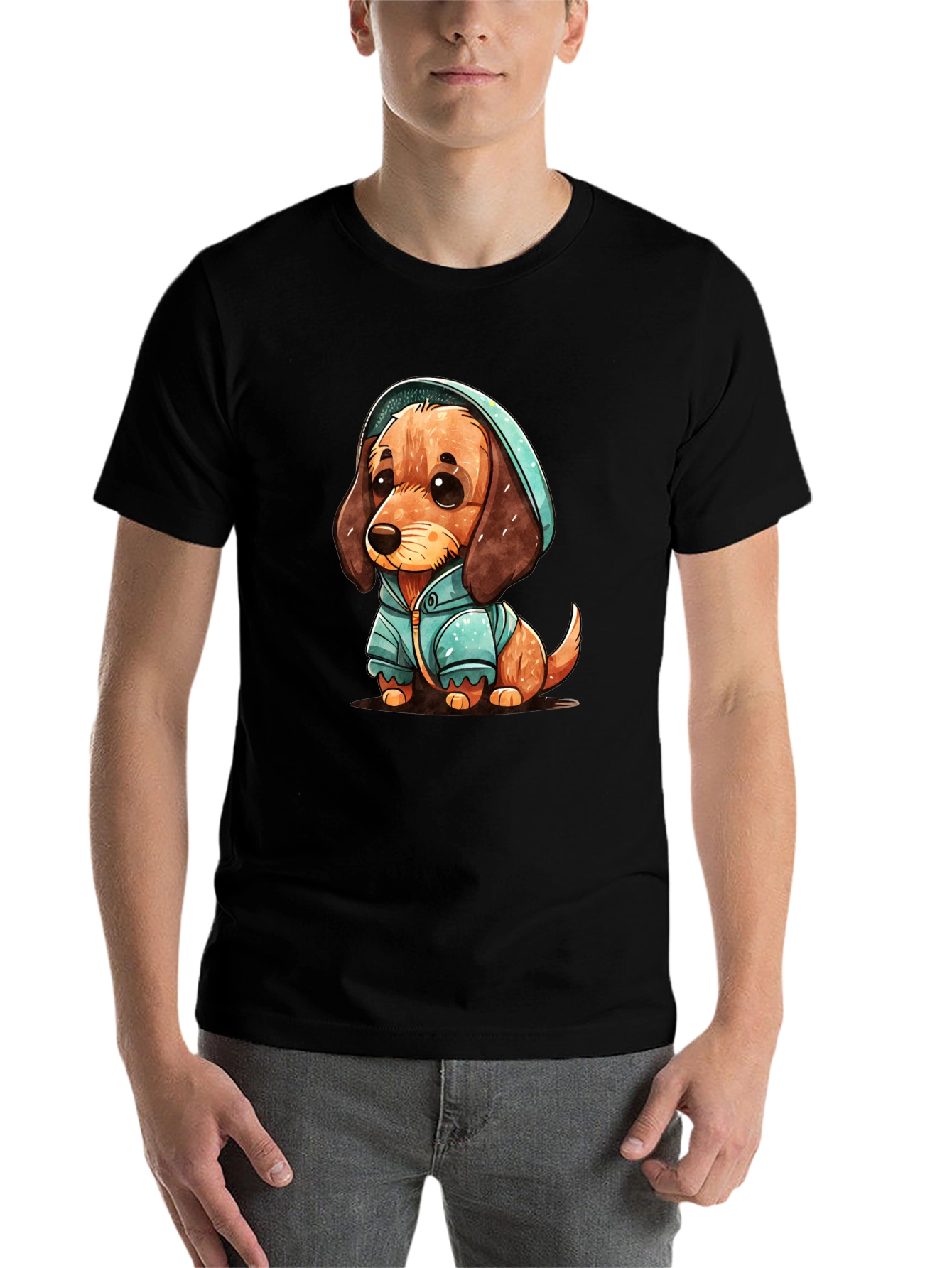 Black Cute Dachshund Puppy in Hoodie T-Shirt view 7