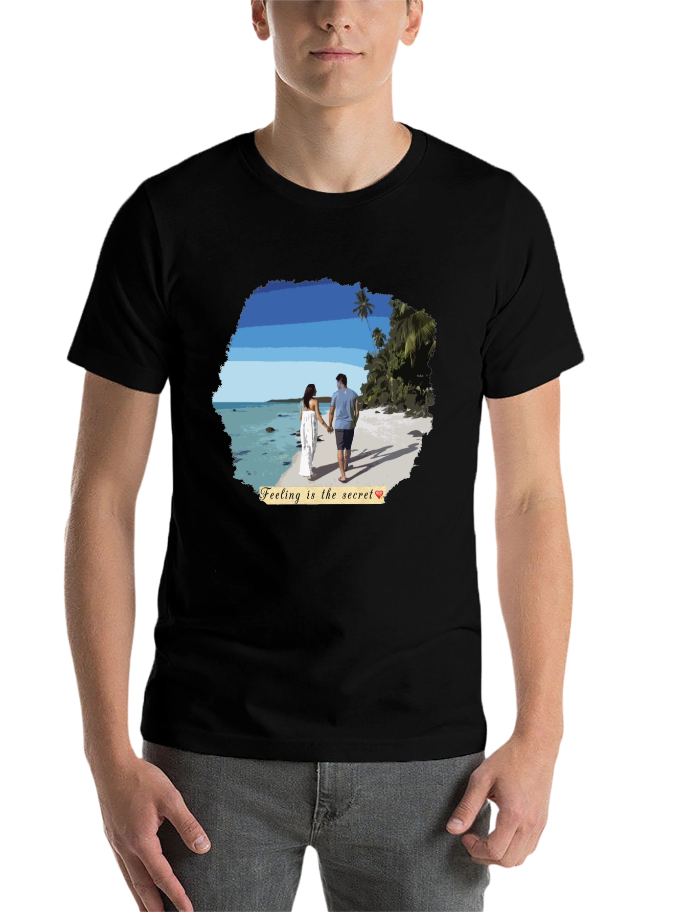 Black Beach Couple T-Shirt: Feeling Is The Secret view 7