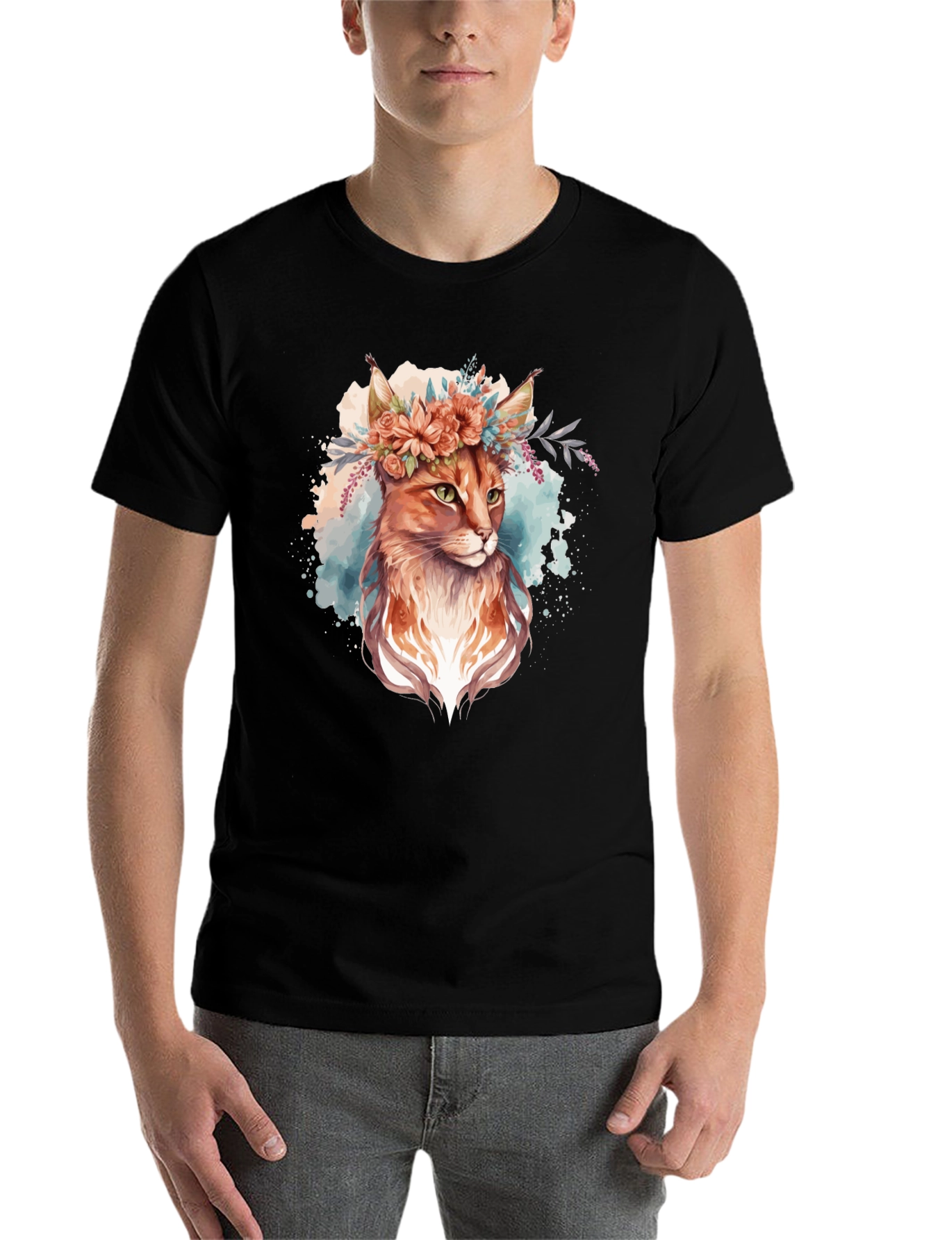 Black Floral Crown Cat T-Shirt - Unique Graphic Tee view 7
