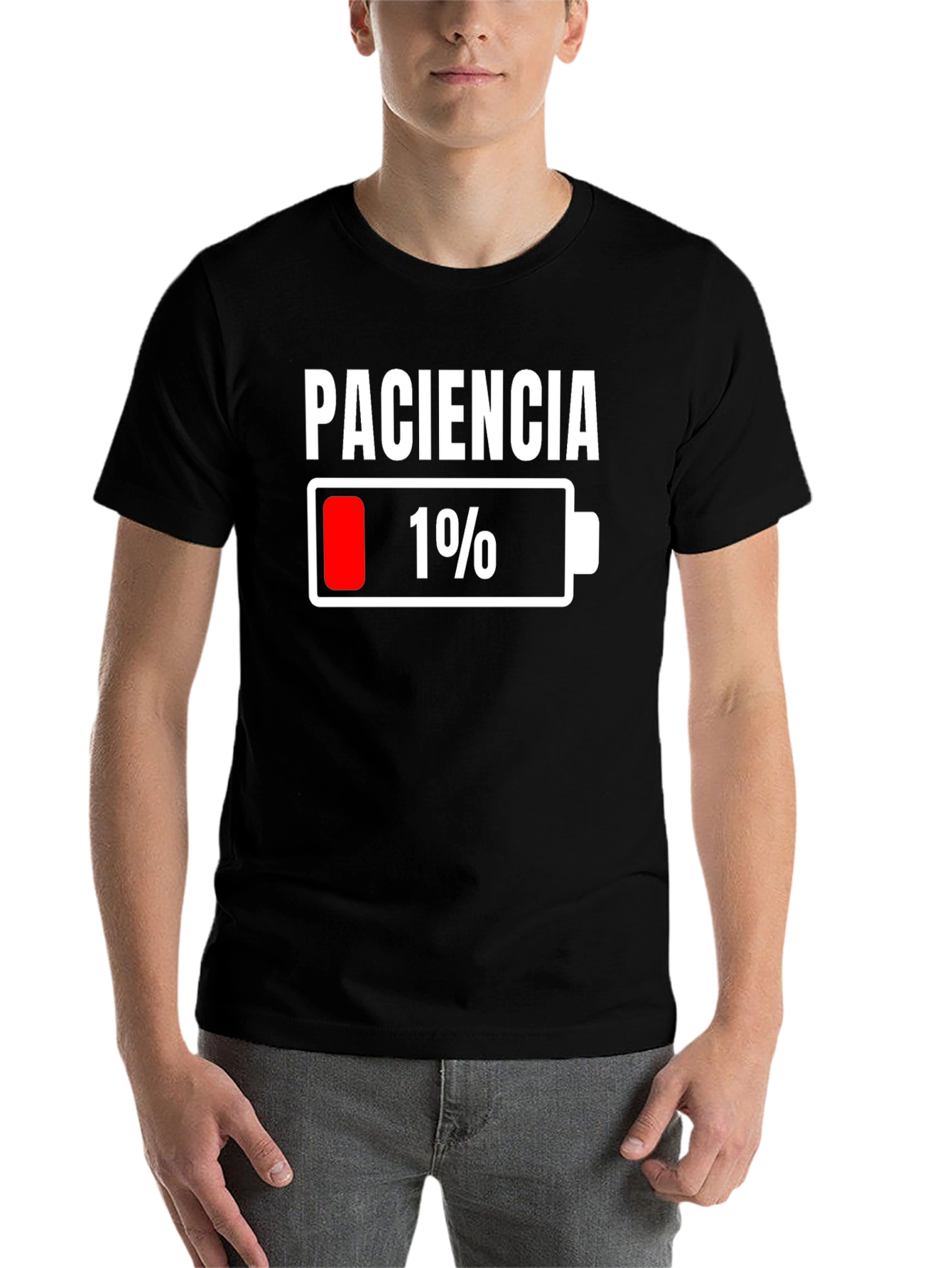 Black Paciencia 1% Low Battery Funny T-Shirt view 7