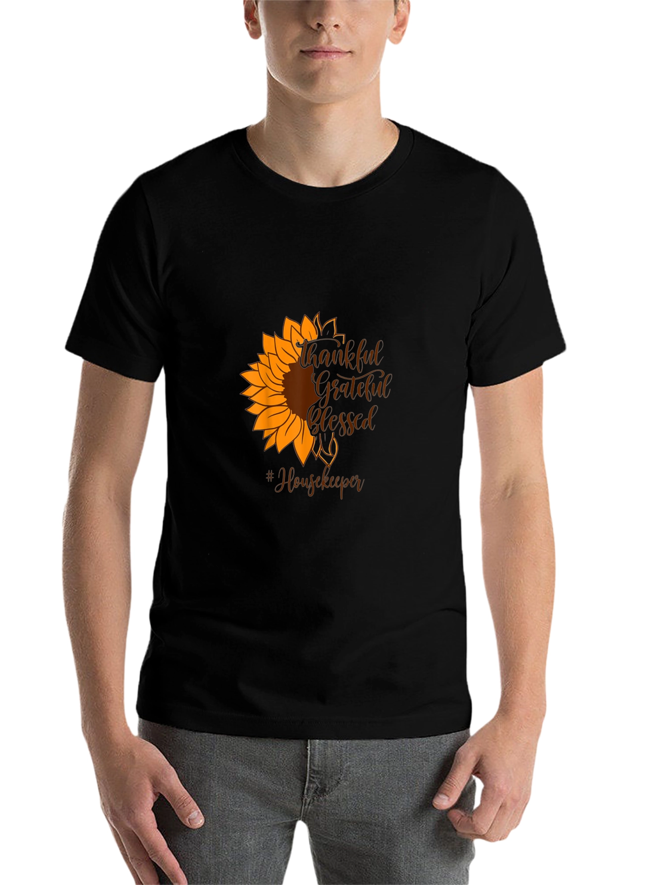 Black Thankful Grateful Blessed Housekeeper Sunflower T-Shirt view 7