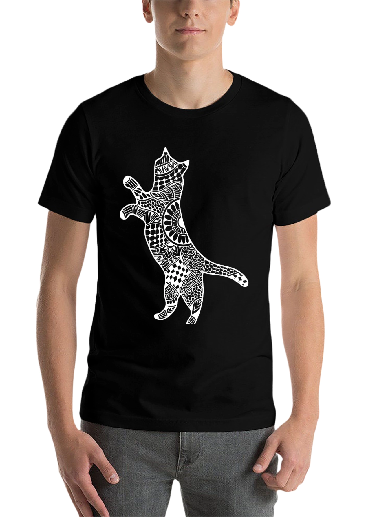 Black Cat Zentangle T-Shirt - Black Cotton Tee view 7