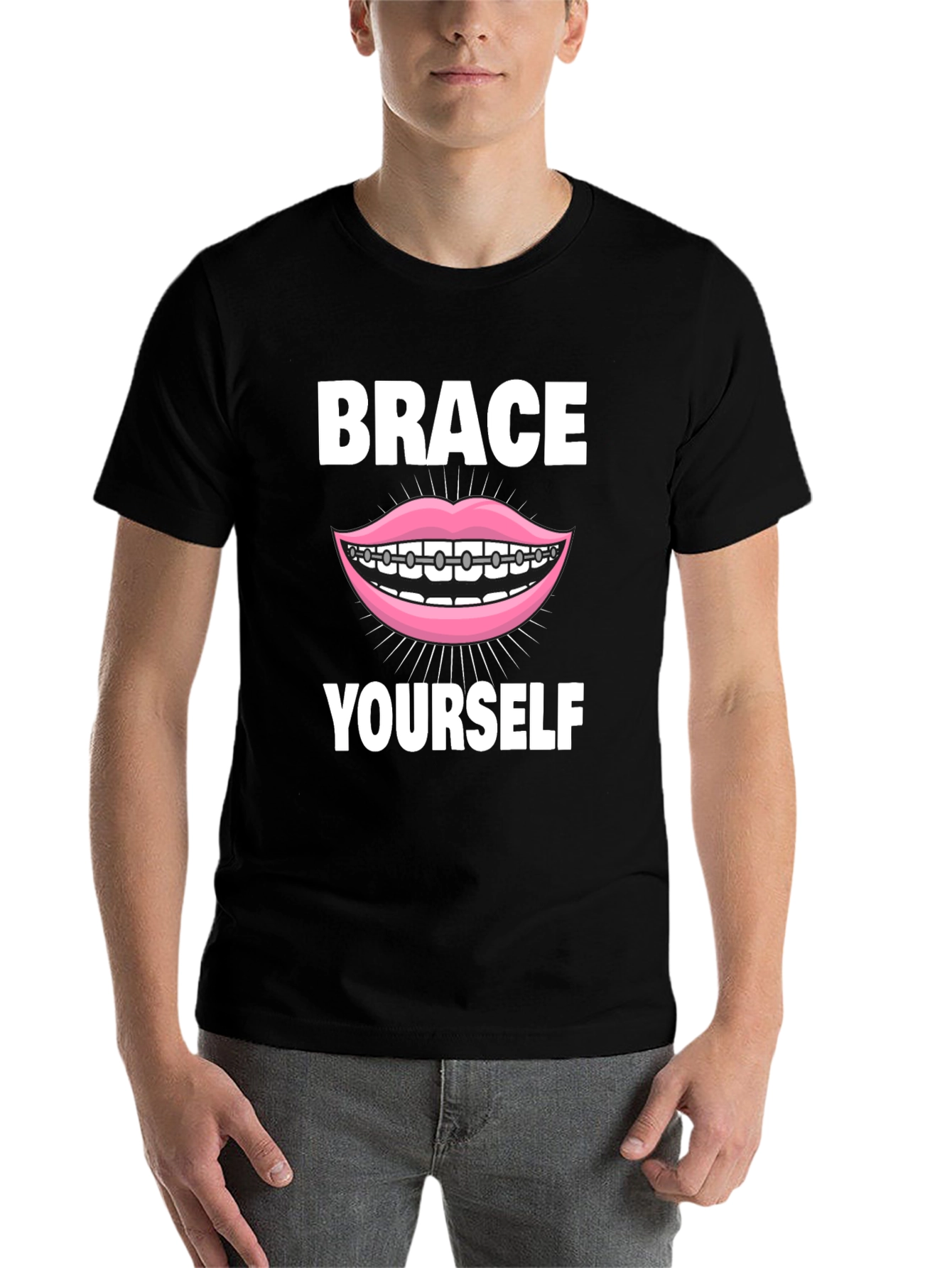Black Brace Yourself T-Shirt - Funny Dental Pun Tee view 7