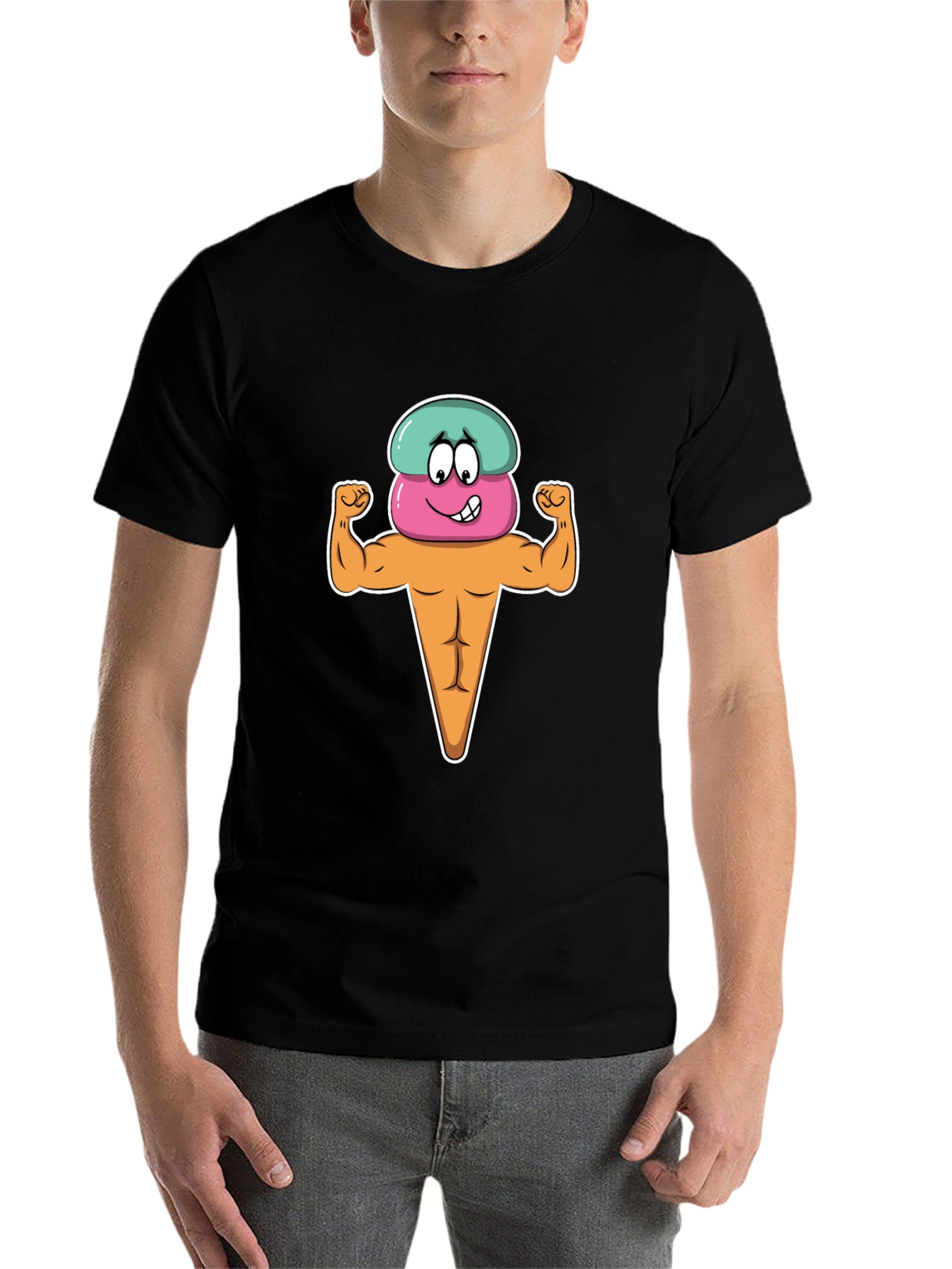 Black Funny Cartoon Ice Cream Muscle Man Graphic T-Shirt view 7