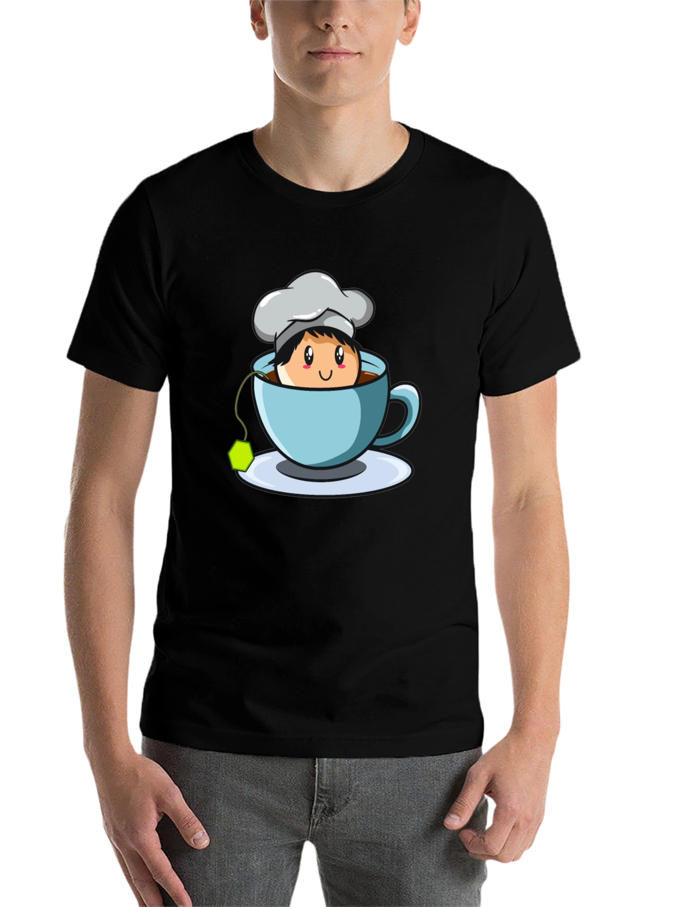 Black Chef Tea Cup Graphic T-Shirt - Cute Cartoon Design view 7