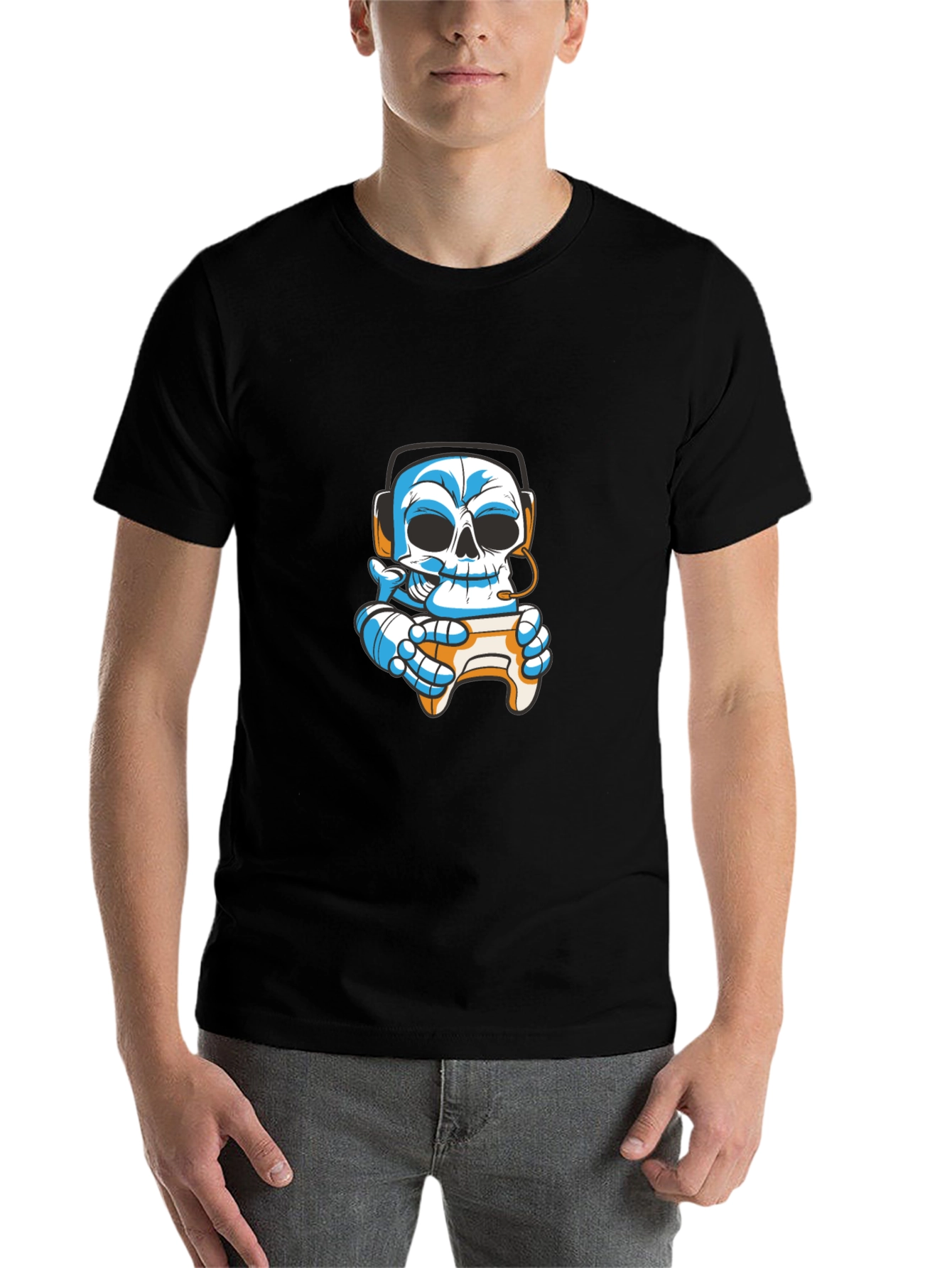 Black Gamer Skull T-Shirt - Black Cotton Graphic Tee view 7
