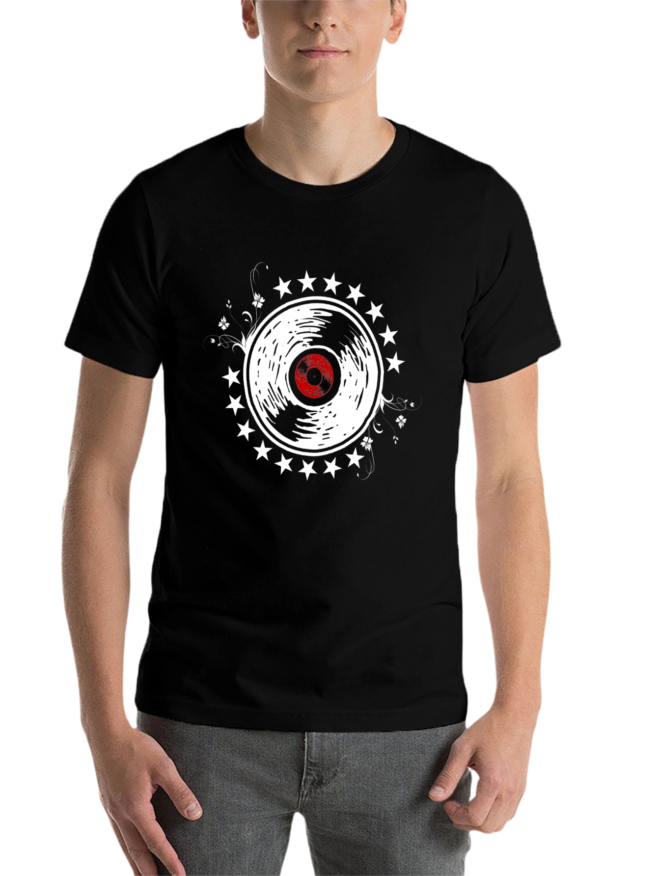 Black Retro Vinyl Record Star T-Shirt view 7