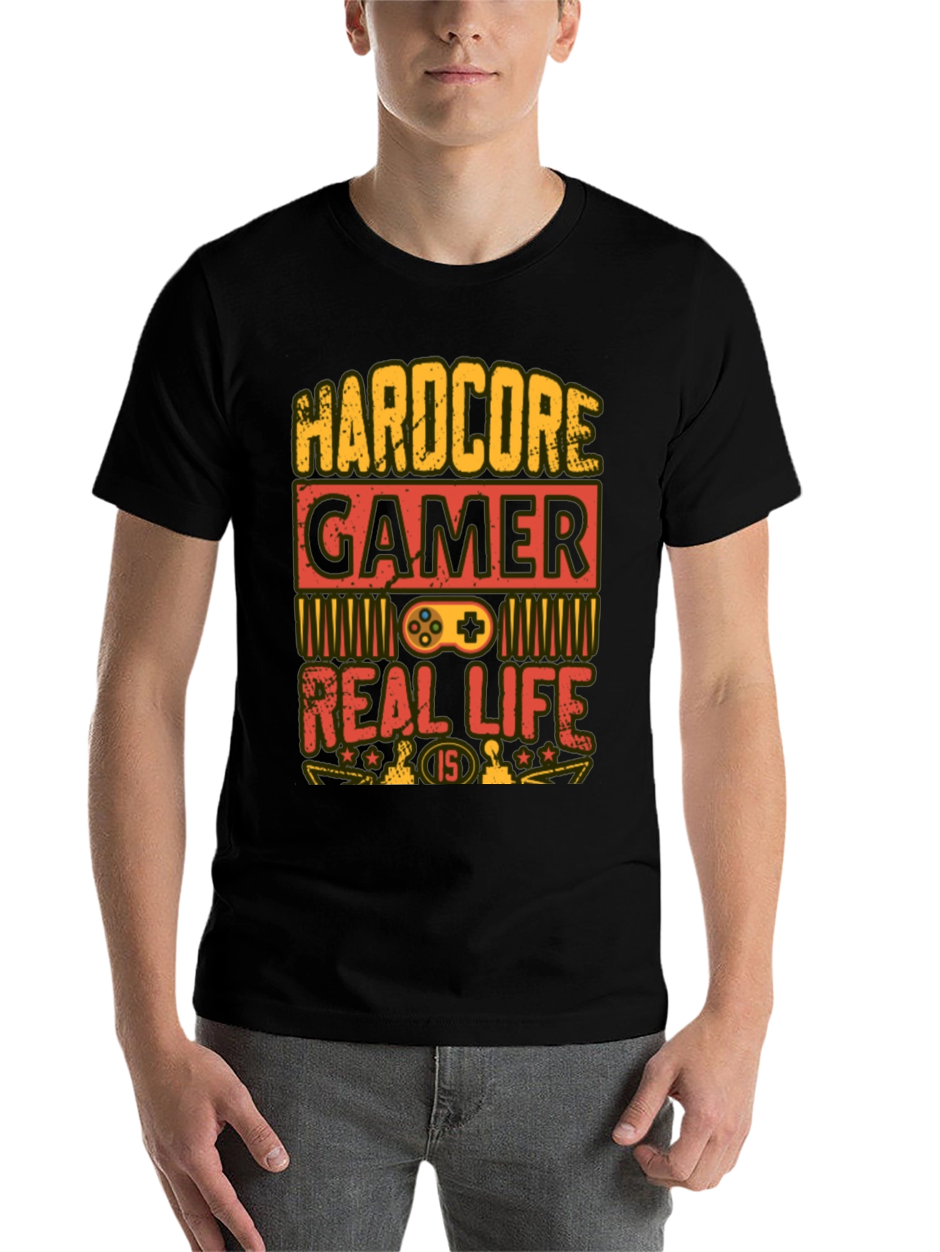 Black Hardcore Gamer T-Shirt - Real Life is 1/5 view 7