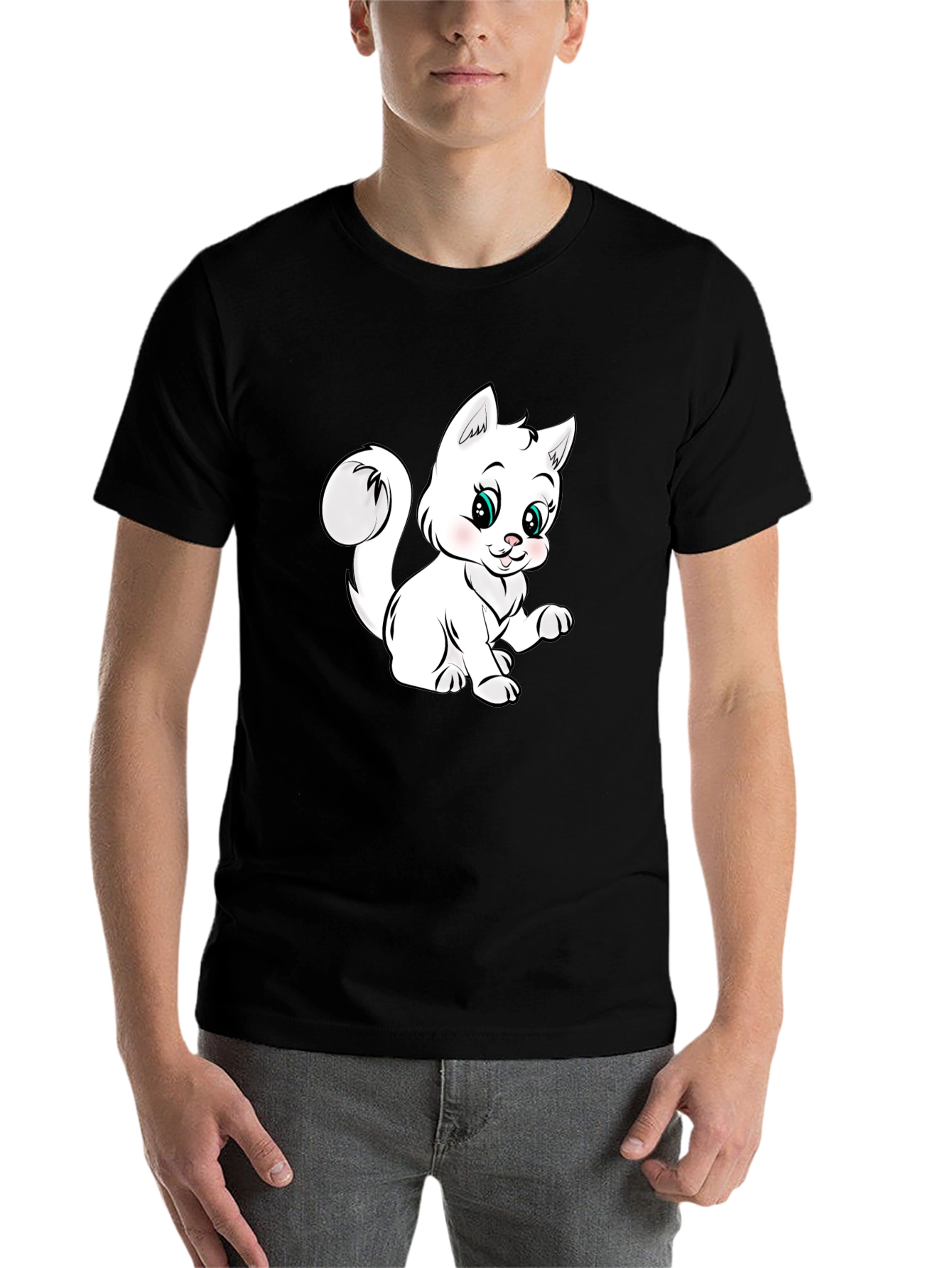 Black Cute Cartoon Kitten Black T-Shirt view 7