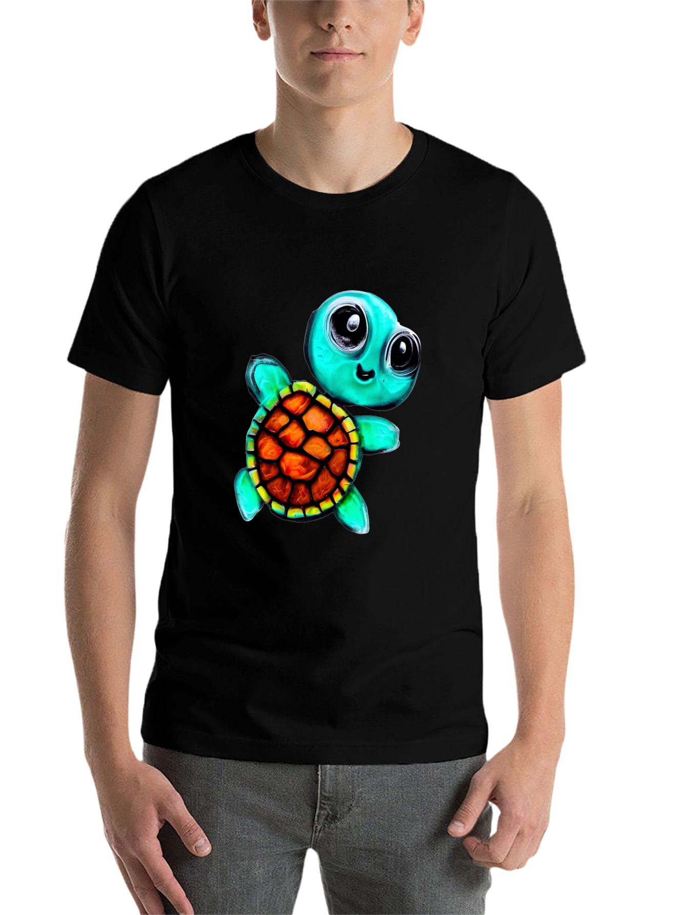 Black Cartoon Turtle Graphic Tee - Men's Black T-Shirt view 7