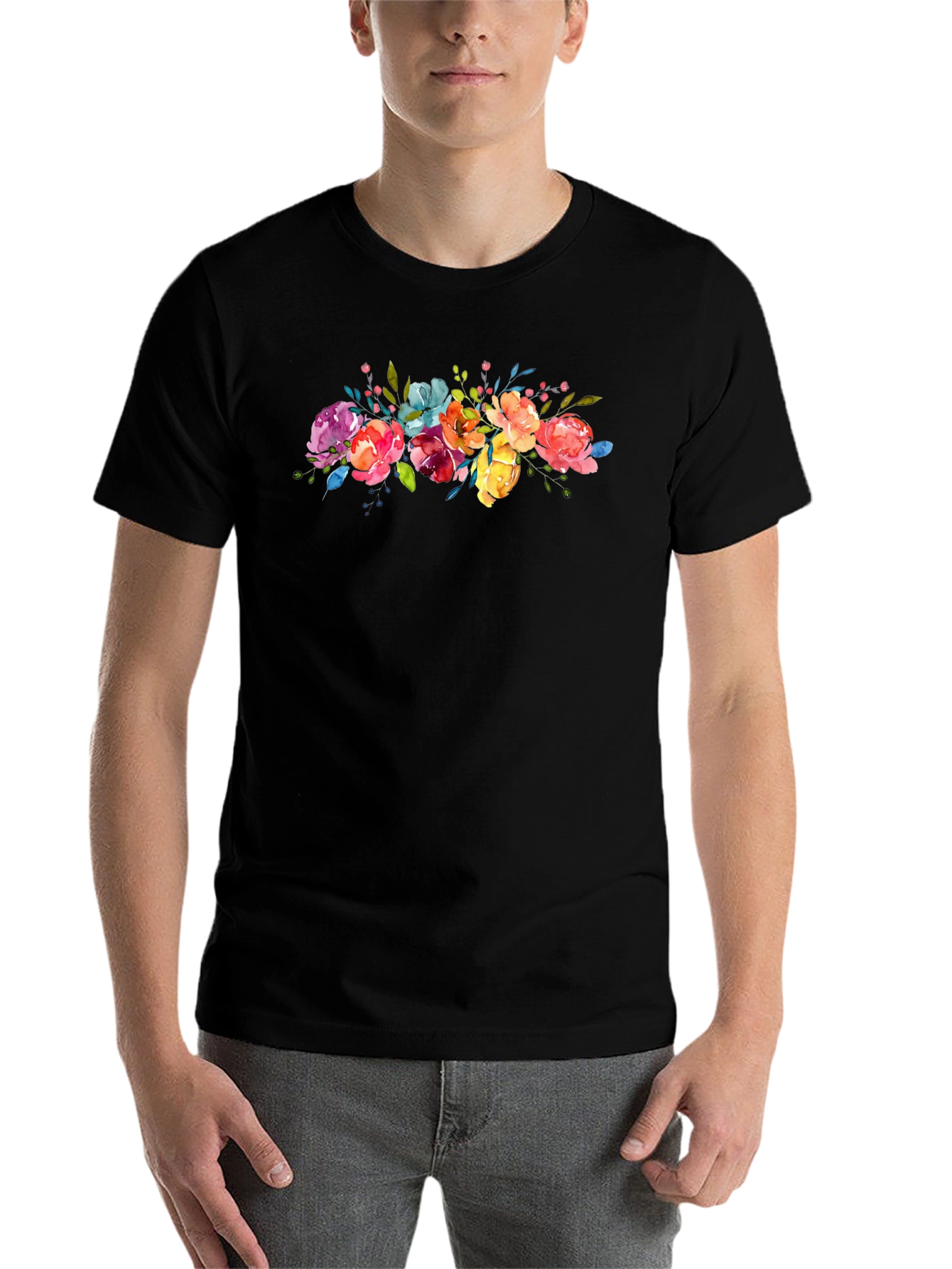 Black Floral Watercolor Graphic Black T-Shirt view 7