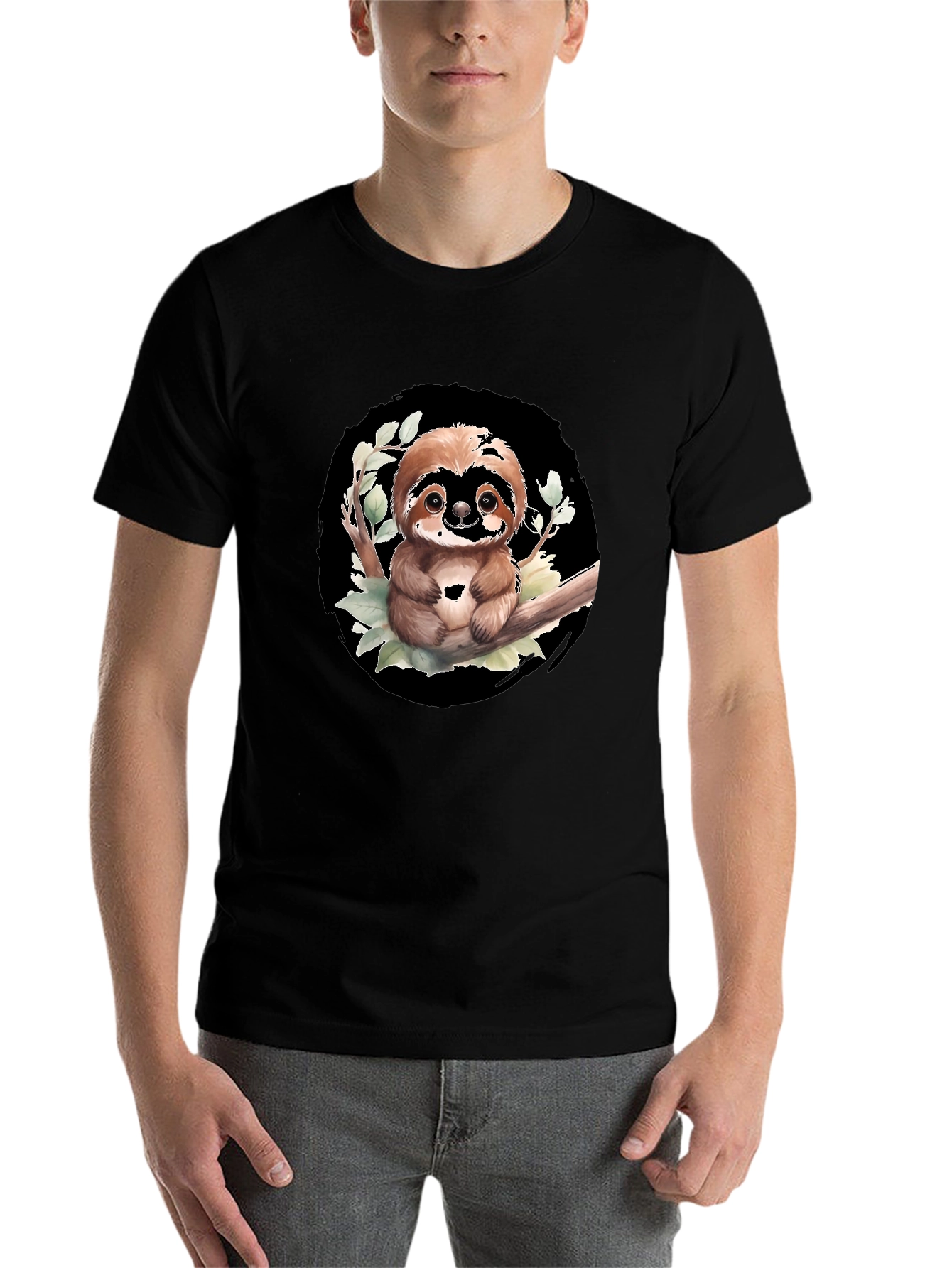 Black Cute Sloth on Branch Graphic Tee - Black T-Shirt view 7