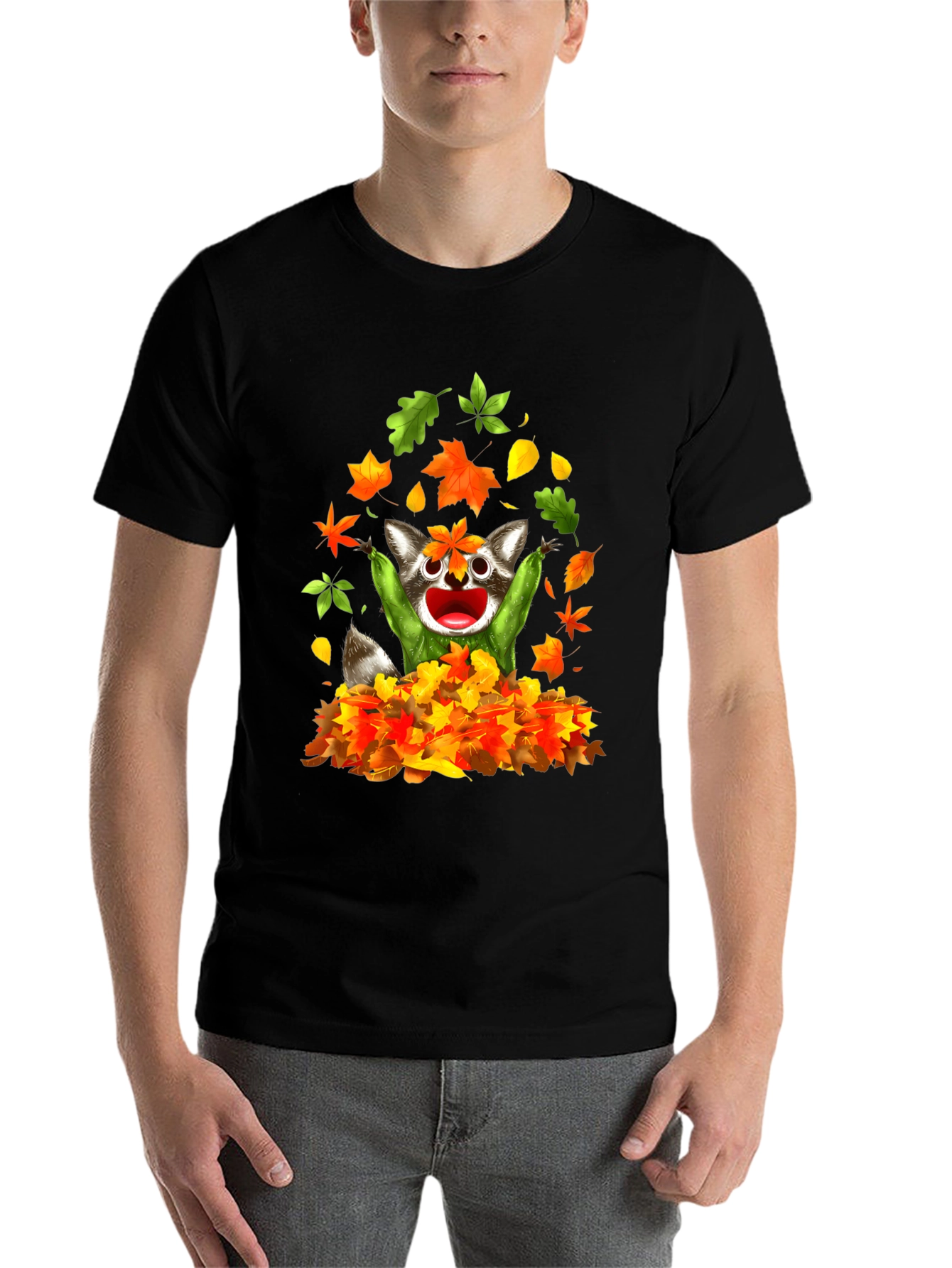 Black Raccoon Leaves Graphic T-Shirt - Autumn Fun view 7
