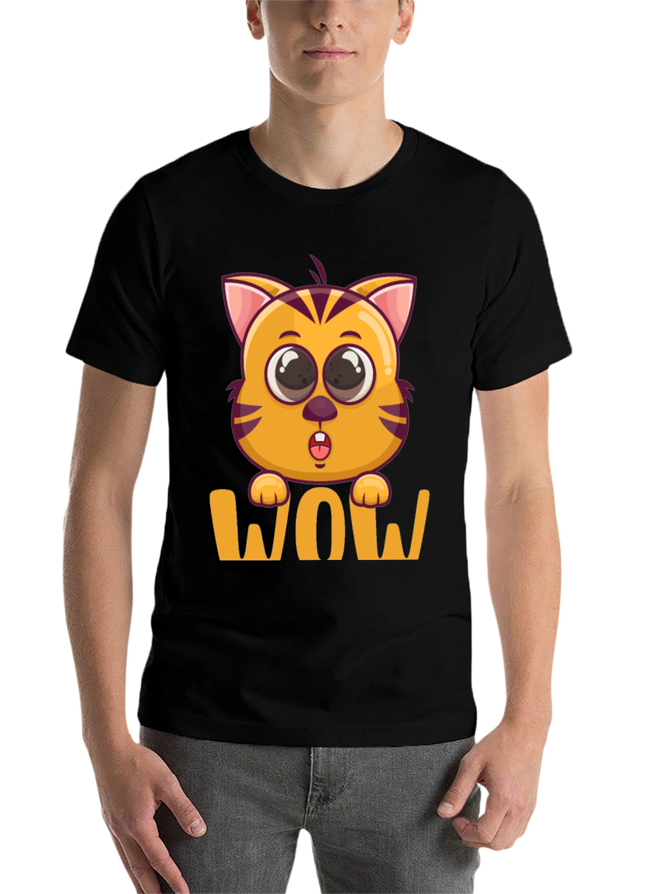 Black WOW Cat T-Shirt - Cute Cartoon Kitten Tee view 7
