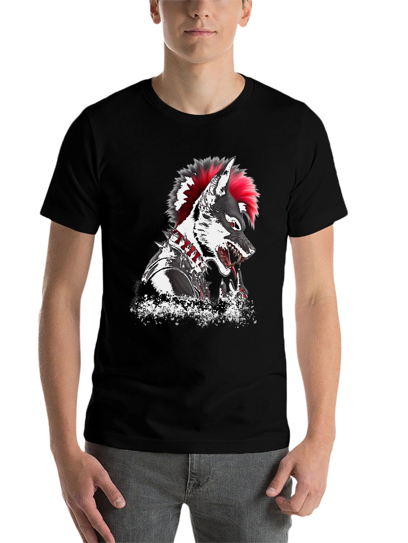Black Punk Wolf Graphic T-Shirt - Unique Design view 7