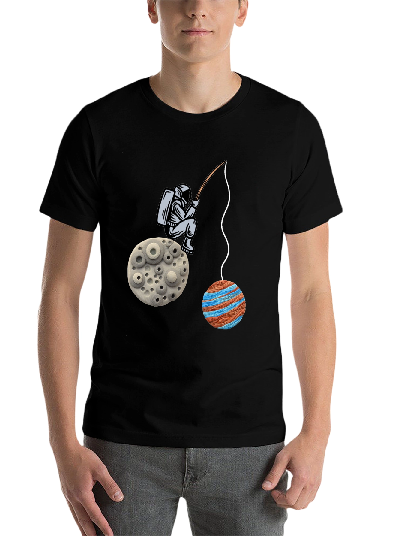 Black Astronaut Fishing Planet Graphic T-Shirt view 7