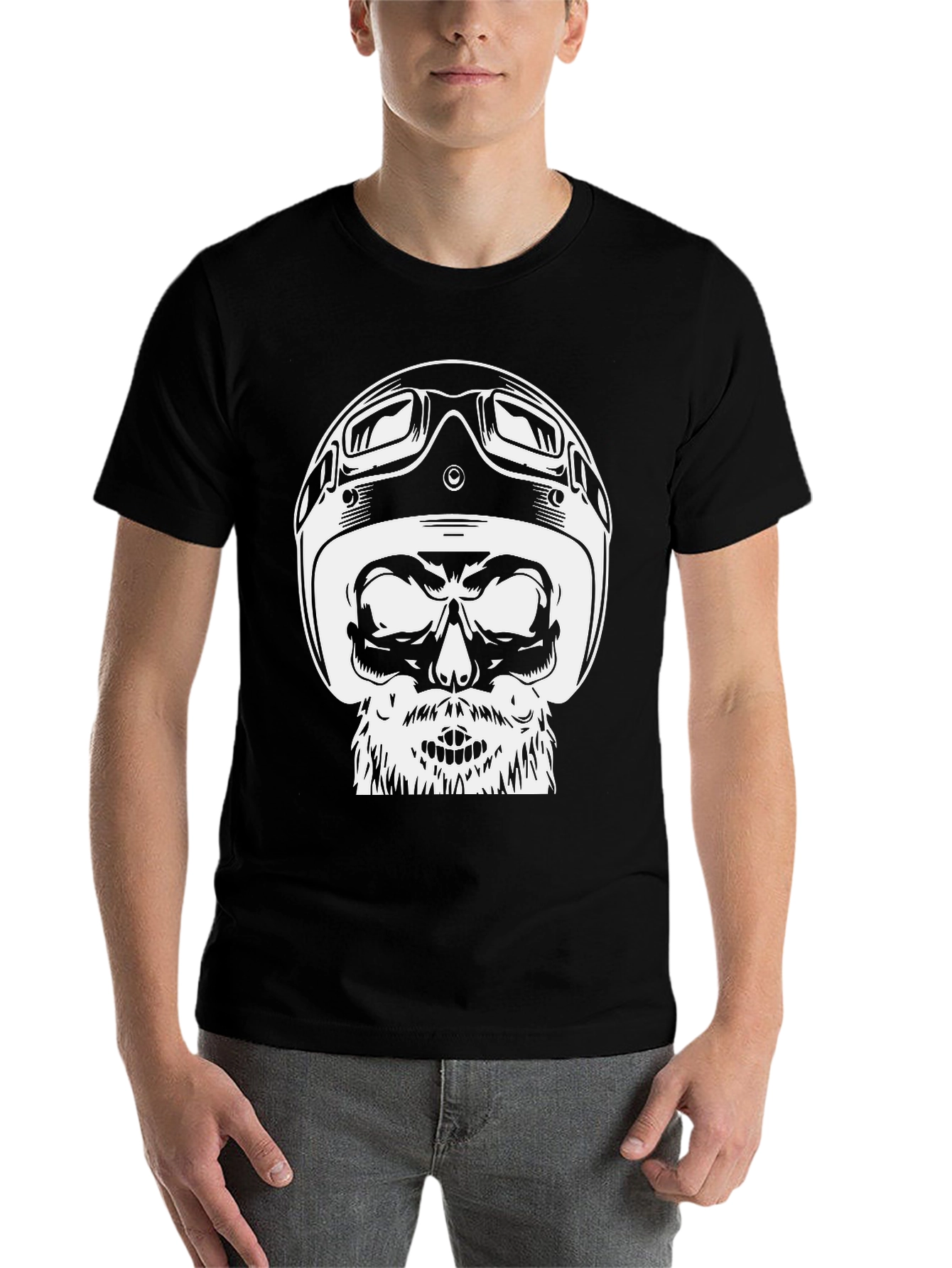 Black Skull Helmet Graphic Tee - Black Cotton T-Shirt view 7