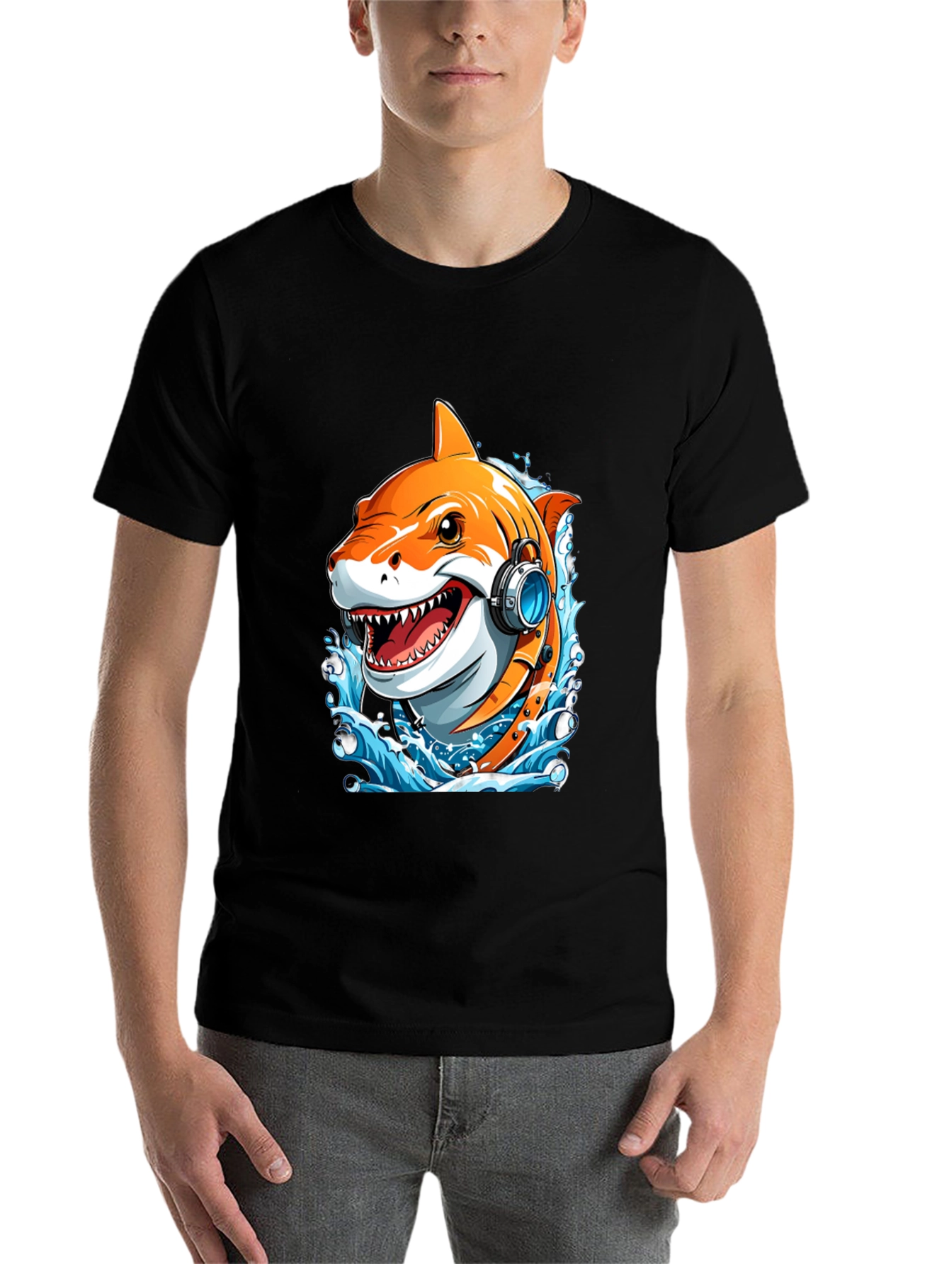 Black Cool Shark Headphones Graphic Tee view 7