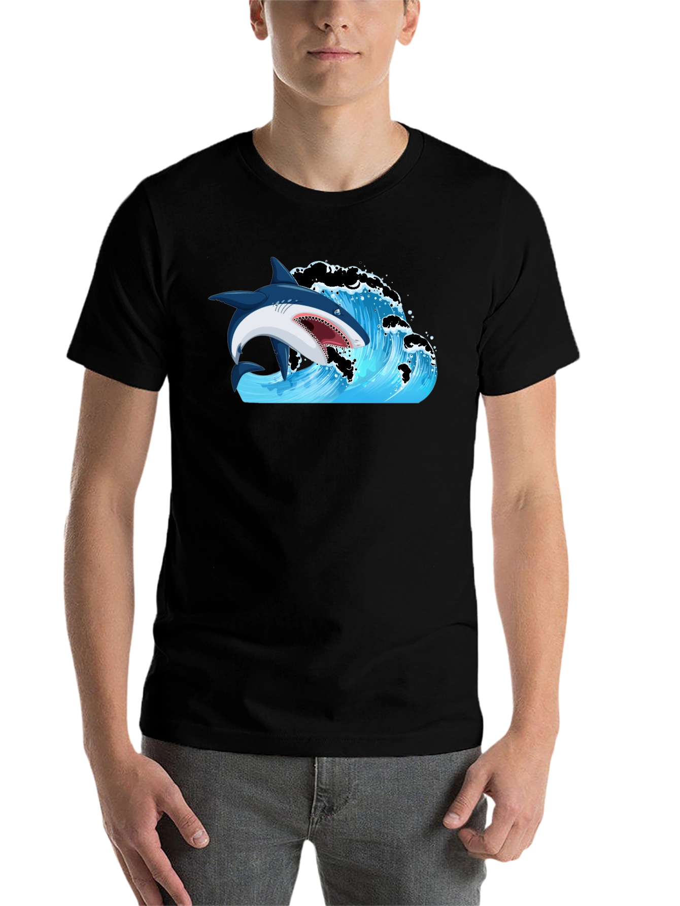 Black Shark Wave Graphic Print T-Shirt view 7