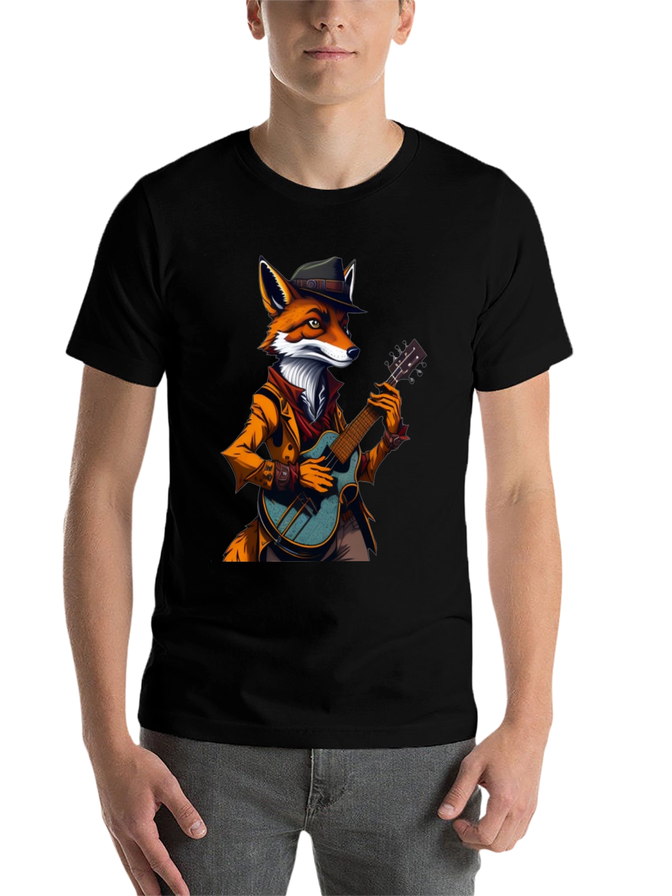 Black Fox Musician Graphic Tee - Cool Animal Shirt view 7