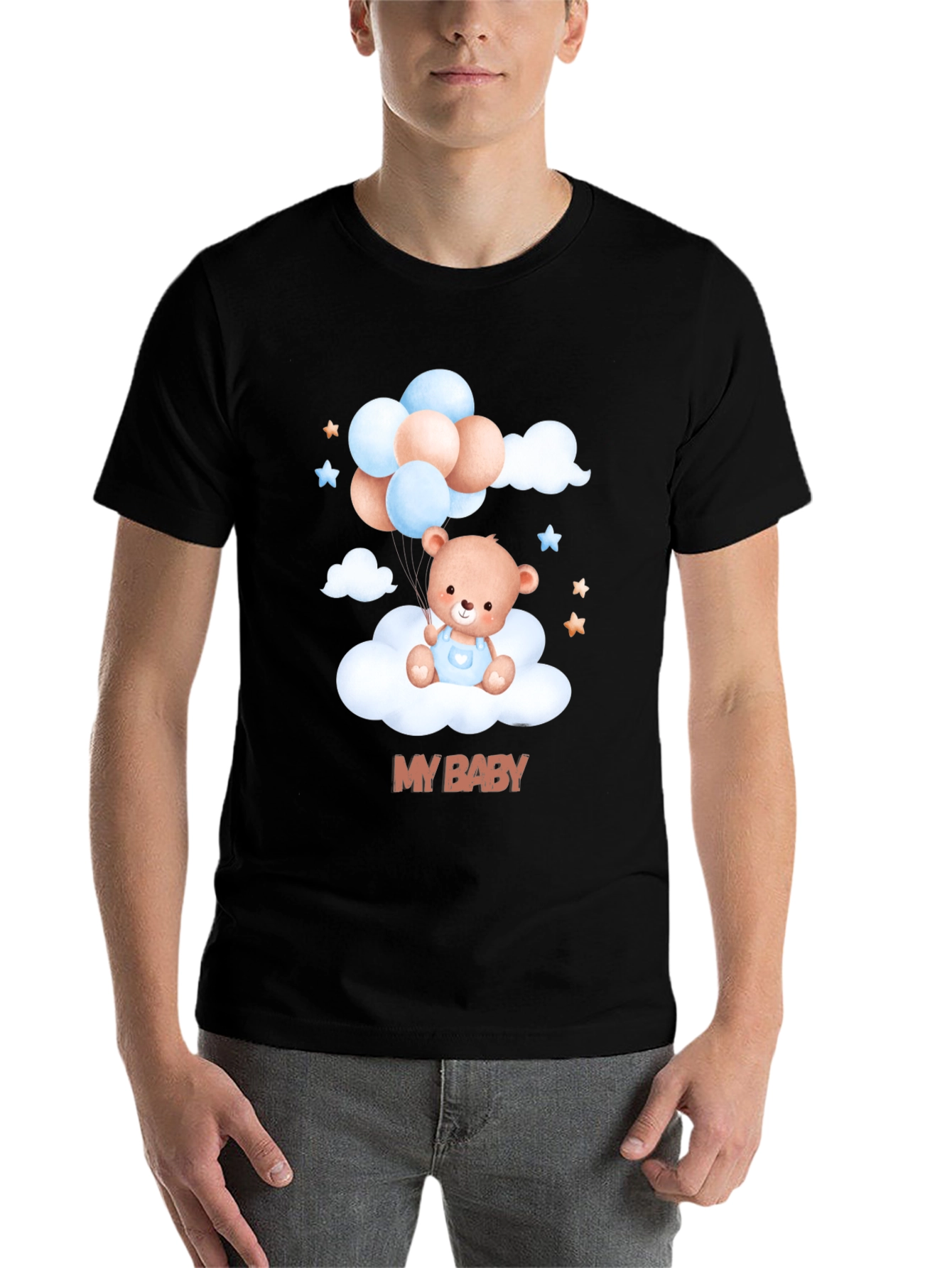 Black Cute "My Baby" Bear & Balloons Black T-Shirt view 7