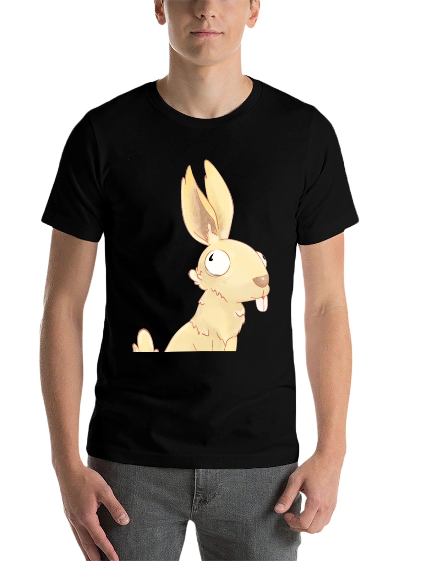 Black Funny Cartoon Rabbit Graphic T-Shirt view 7