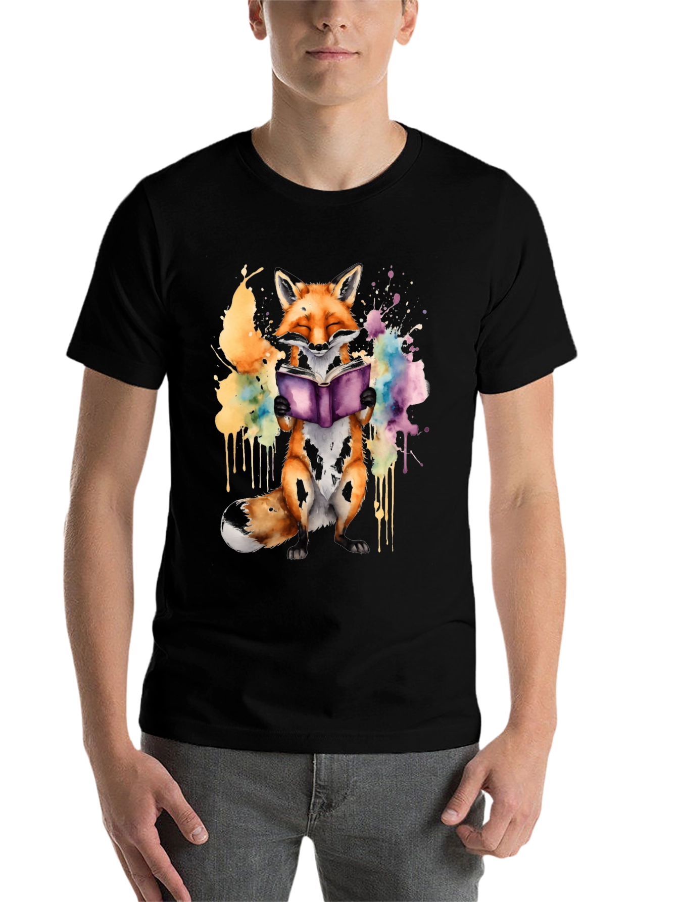 Black Fox Reading Book T-Shirt - Watercolor Design view 7
