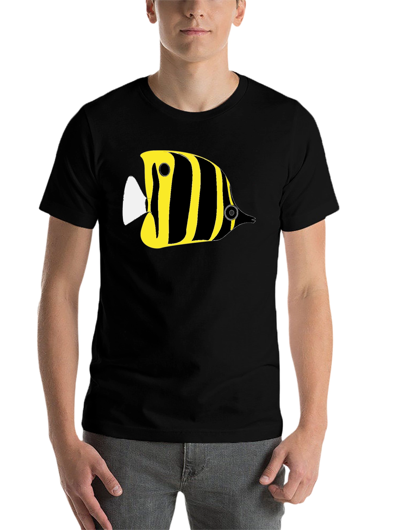 Black Black T-Shirt with Yellow Striped Fish Graphic view 7