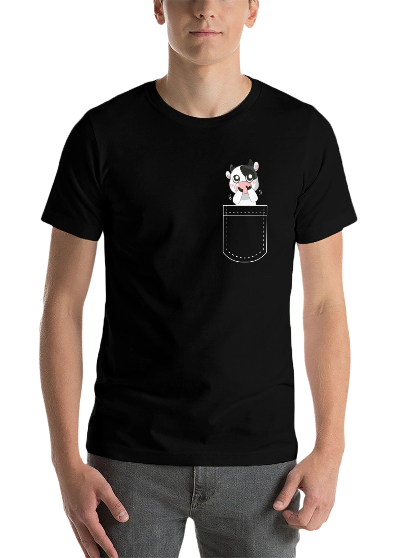 Black Cute Cow Pocket Graphic Tee - Black Cotton Comfort view 7