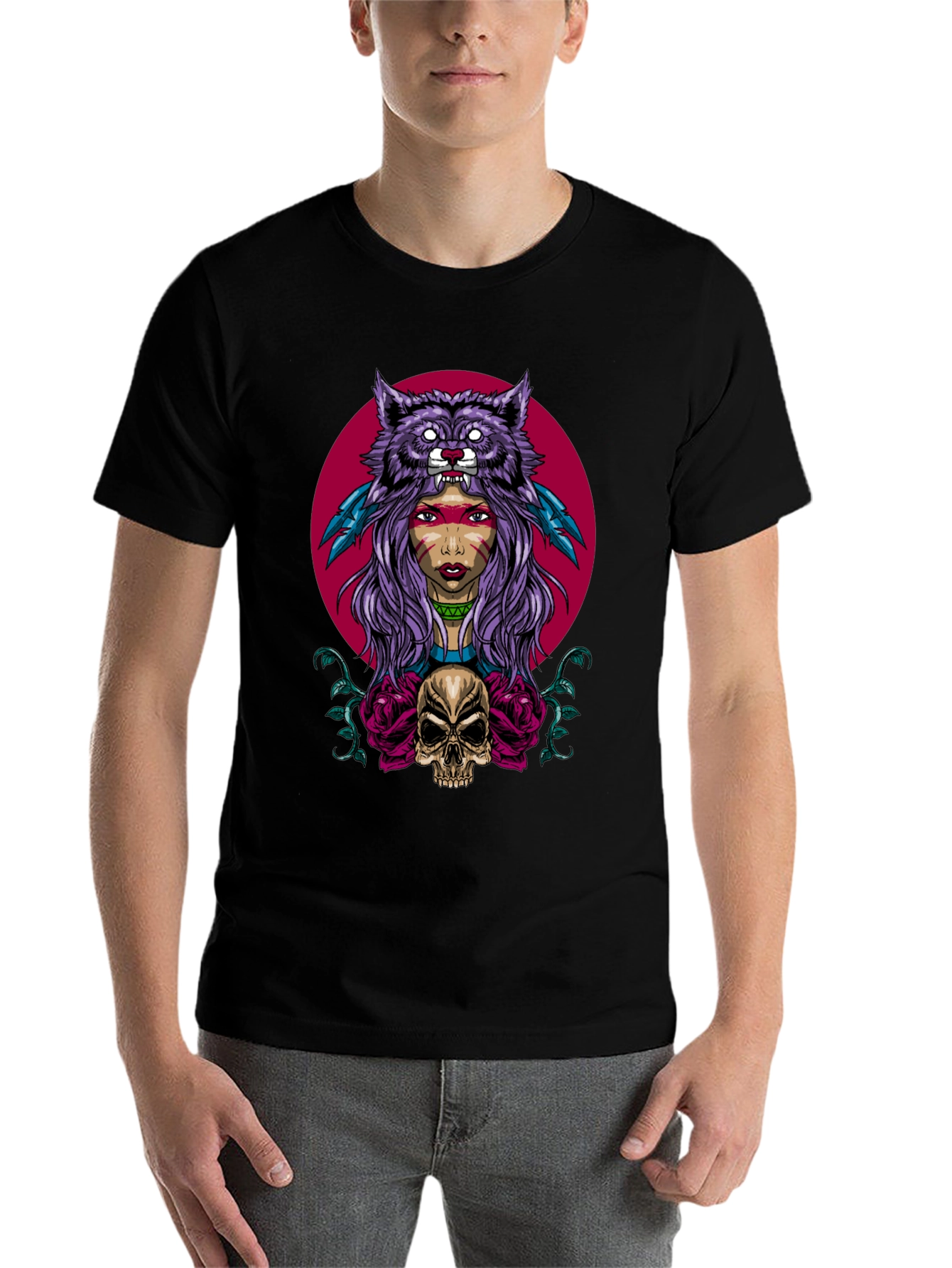 Black Wolf Headdress Skull Graphic Tee view 7