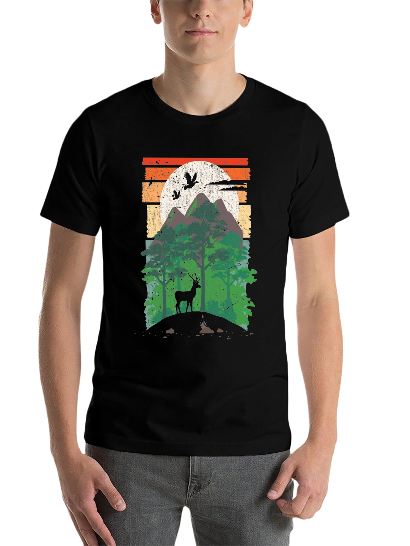 Black Retro Mountain Deer Graphic T-Shirt view 7
