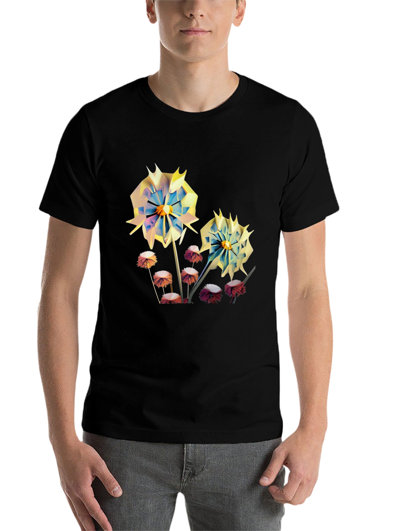 Black Floral Print Men's T-Shirt - Unique Artistic Design view 7