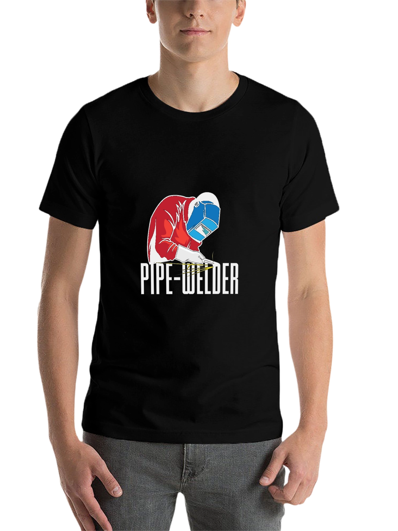 Black Pipe Welder Graphic T-Shirt - Black Crew Neck Tee view 7