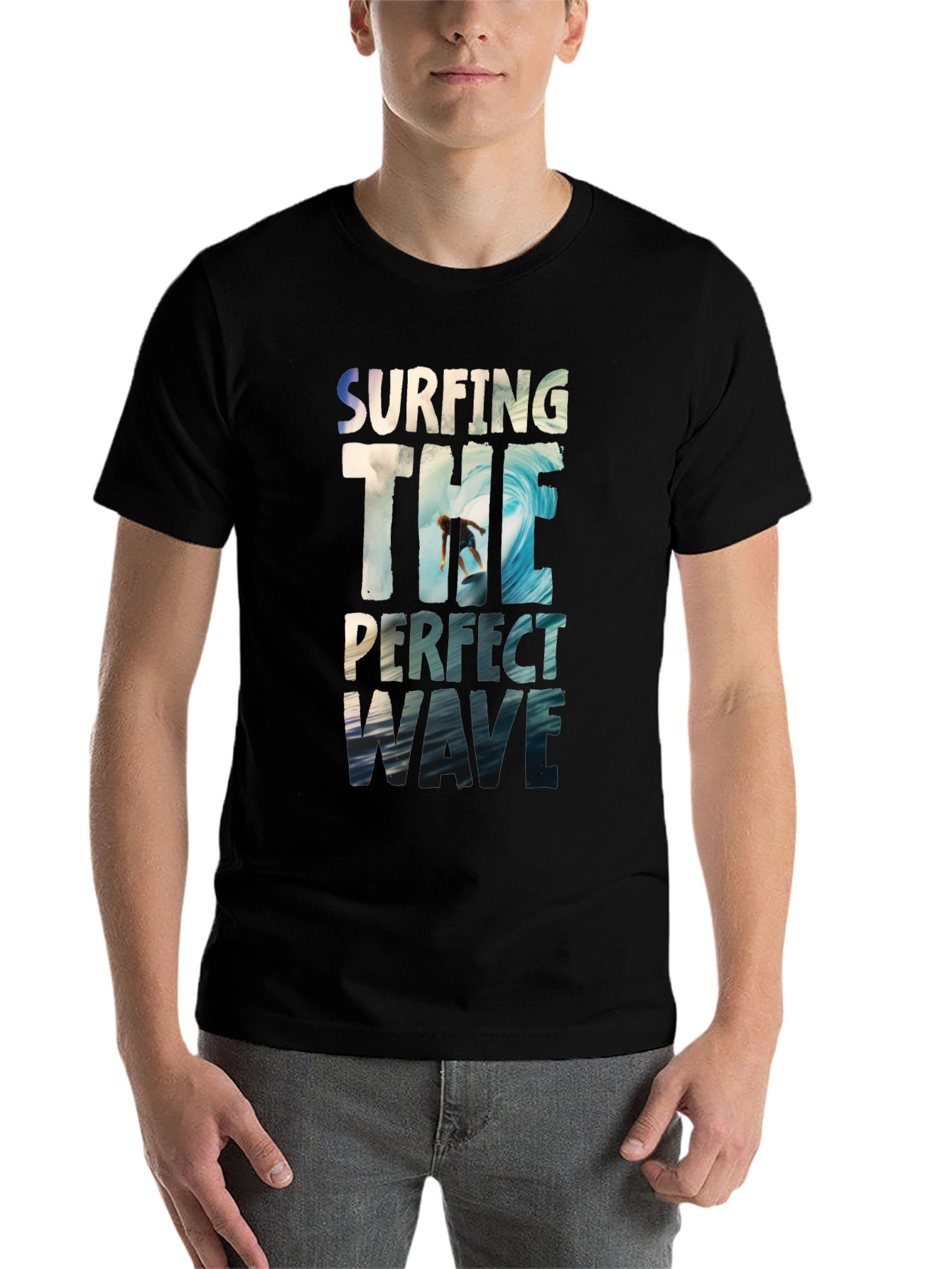Black Surfing The Perfect Wave Black Graphic T-Shirt view 7