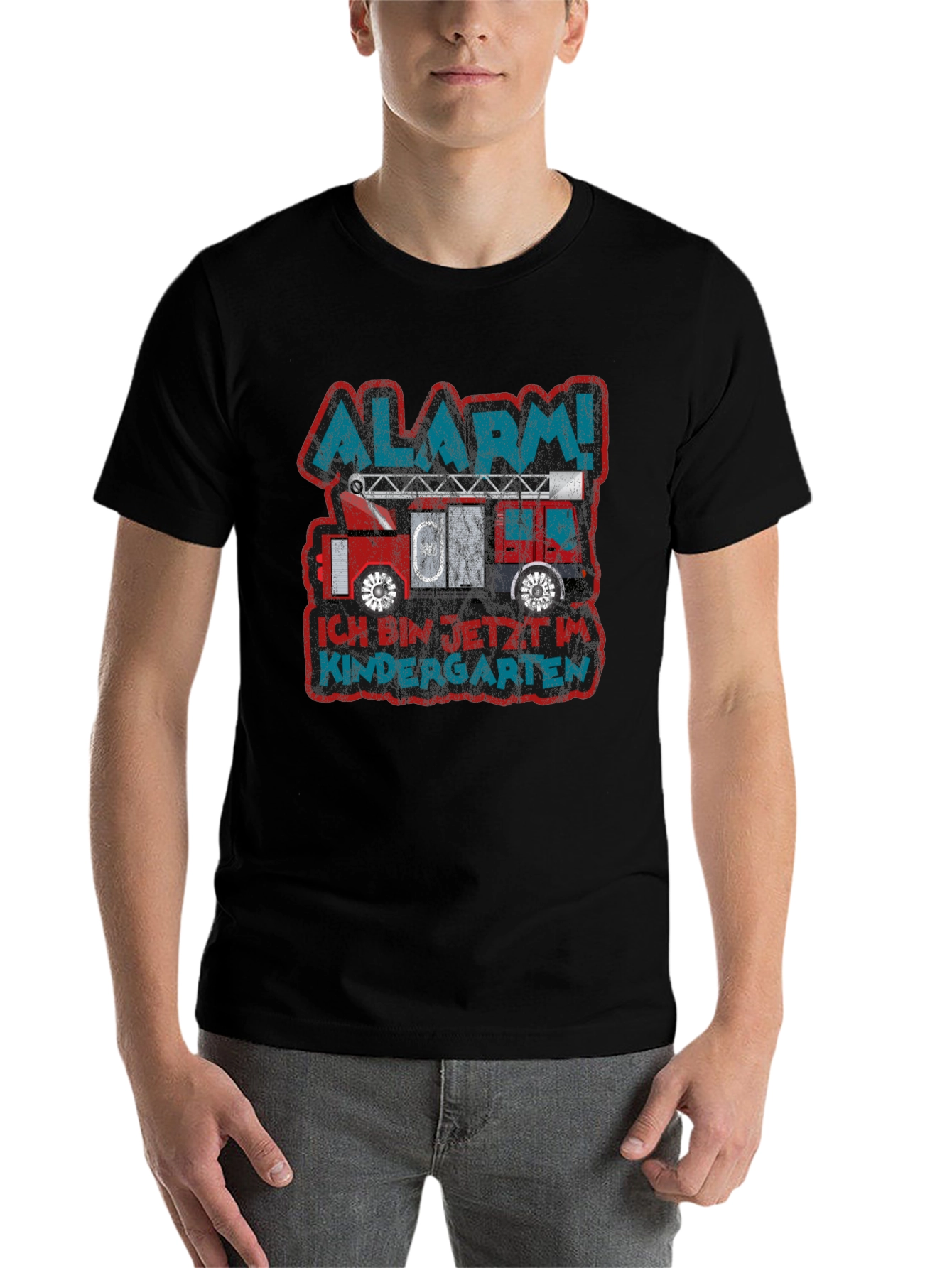 Black Alarm! Kindergarten Fire Truck T-Shirt view 7