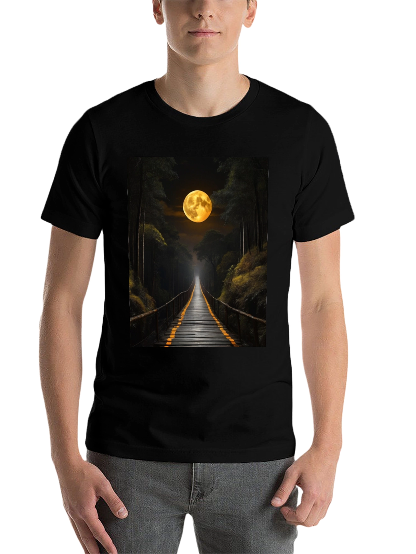 Black Moonlit Forest Bridge Graphic Tee view 7