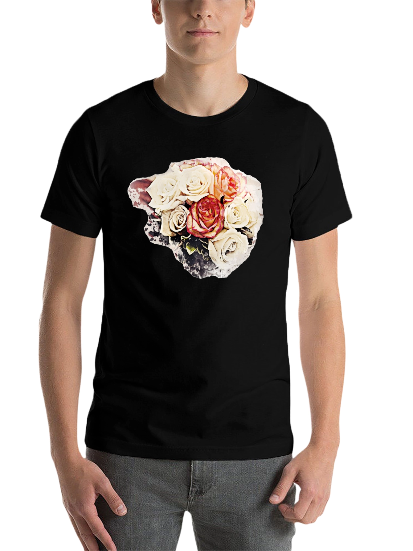 Black Floral Bouquet Graphic Tee - Stylish Black T-Shirt view 7