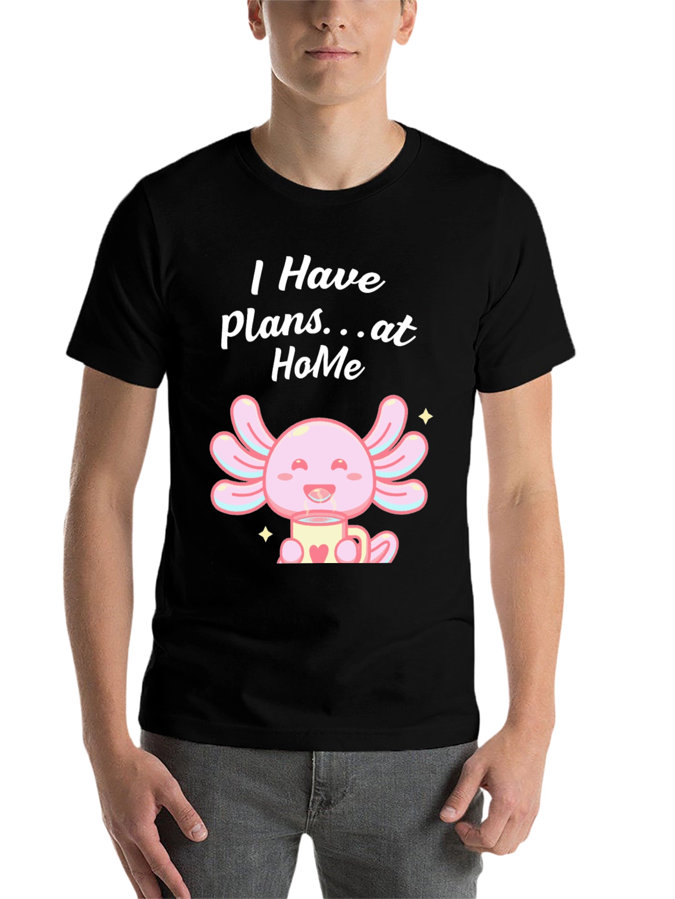 Black Cute Axolotl "Plans at Home" Black T-Shirt view 7