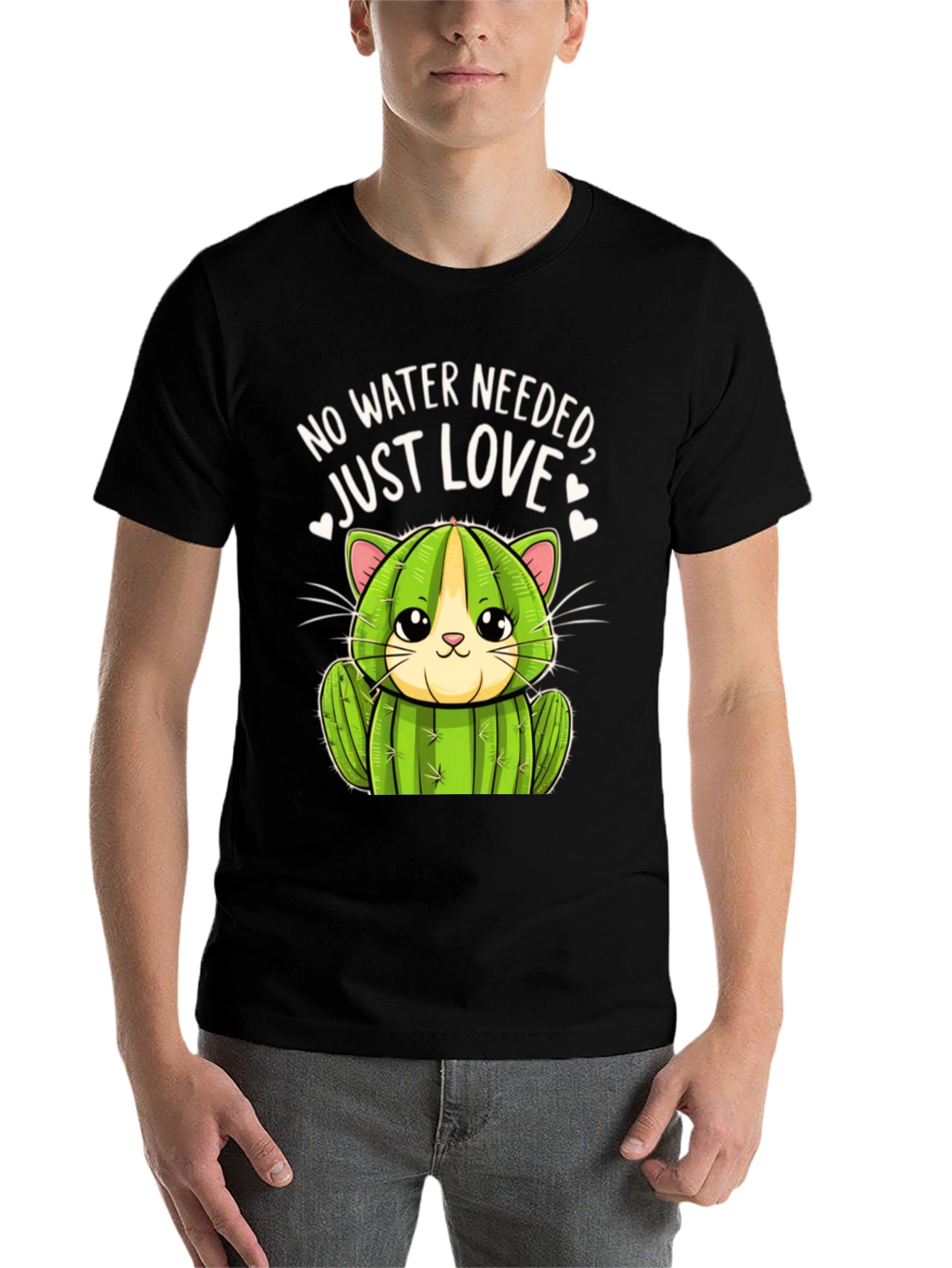 Black Cactus Cat T-Shirt - No Water Needed, Just Love view 7