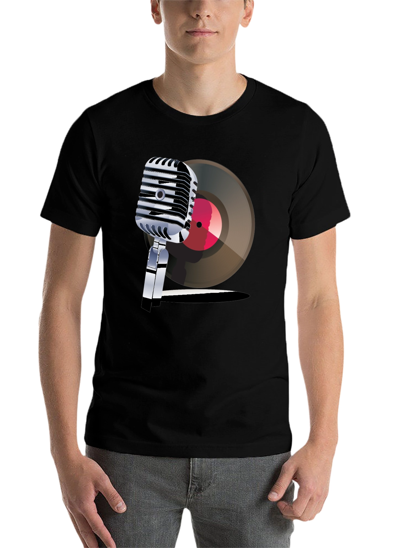 Black Retro Microphone & Record Graphic Tee view 7