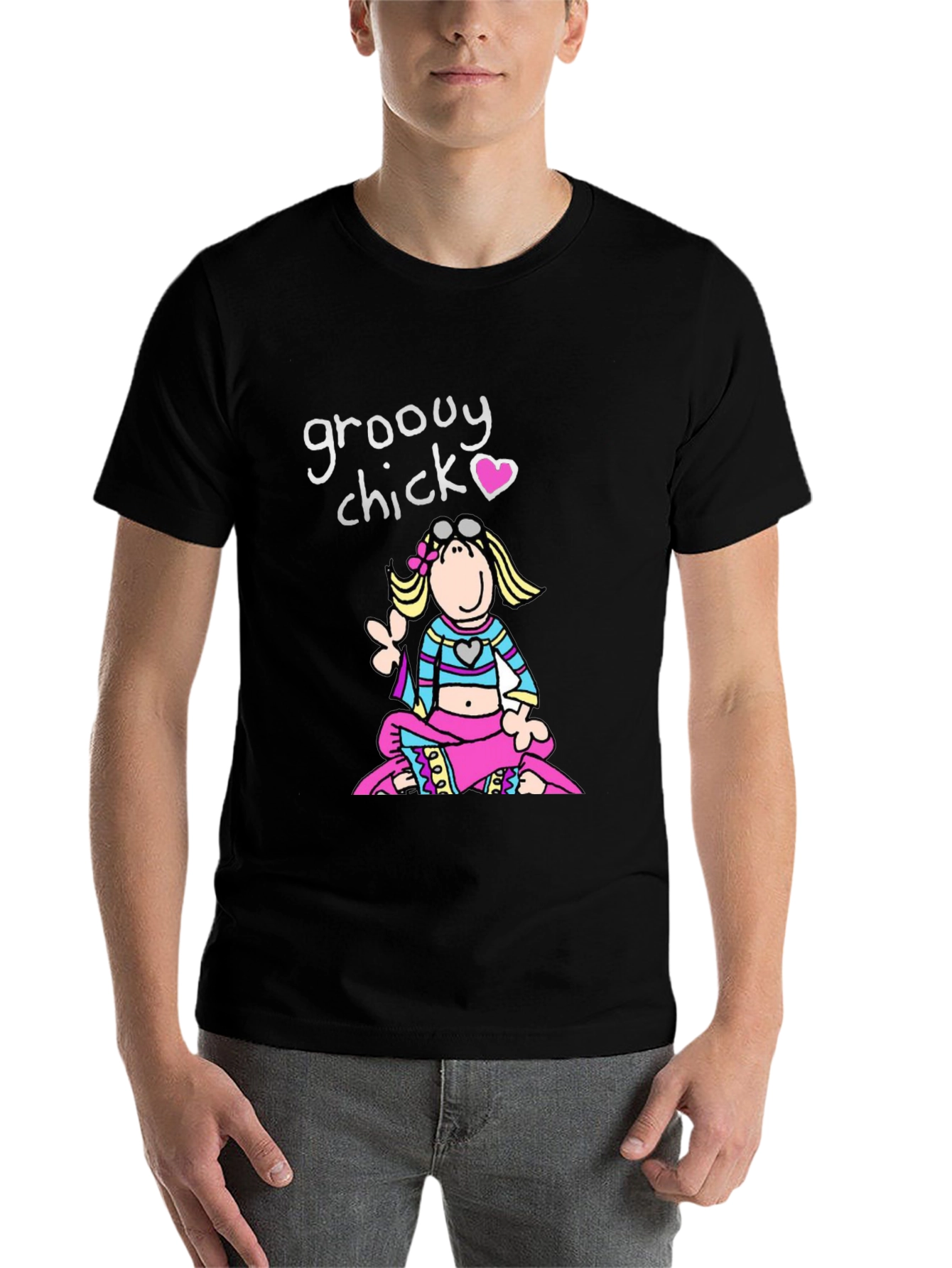 Black Groovy Chick T-Shirt - Retro Cartoon Peace view 7