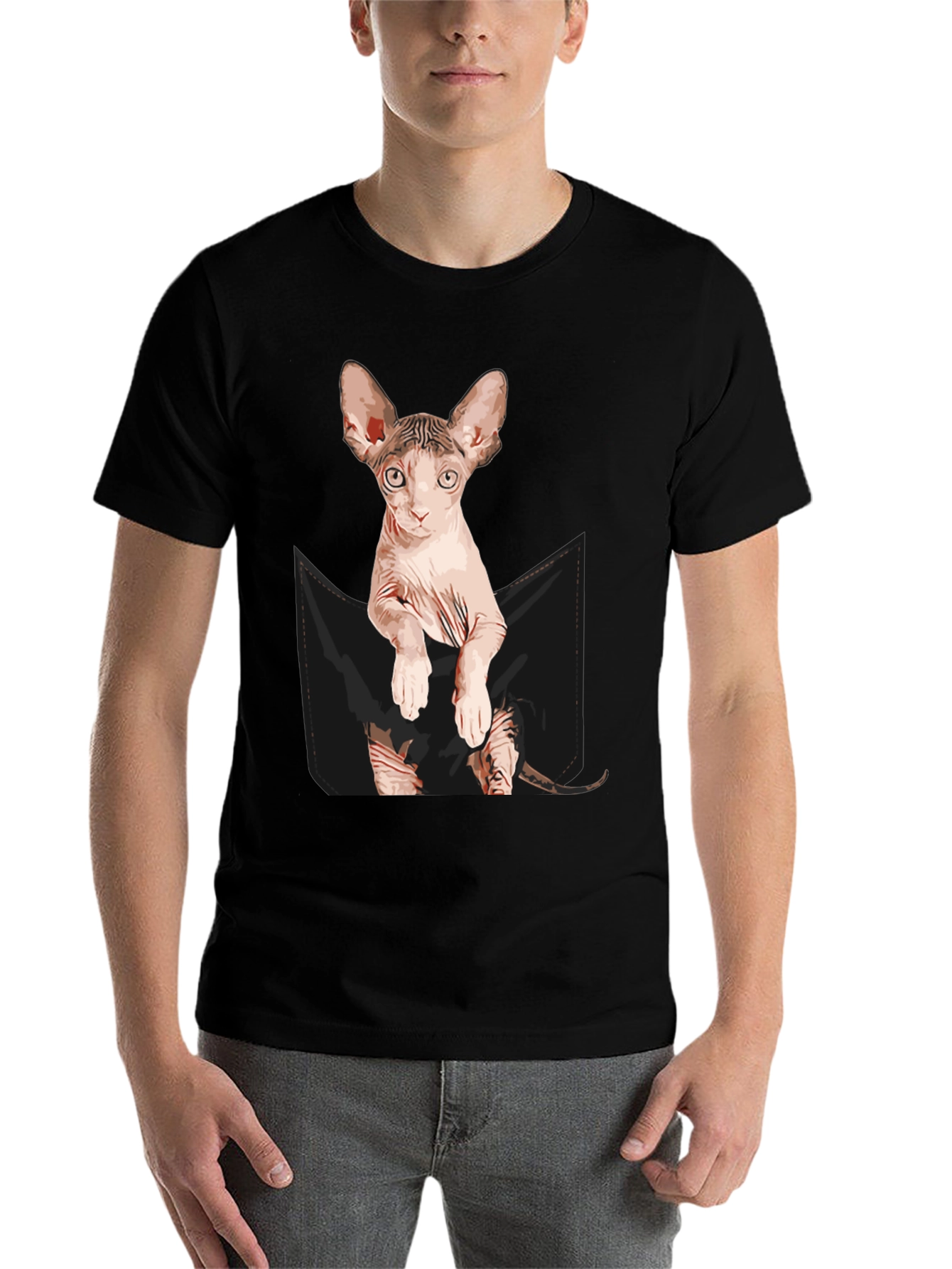 Black Sphynx Cat Pocket T-Shirt - Quirky Graphic Tee view 7