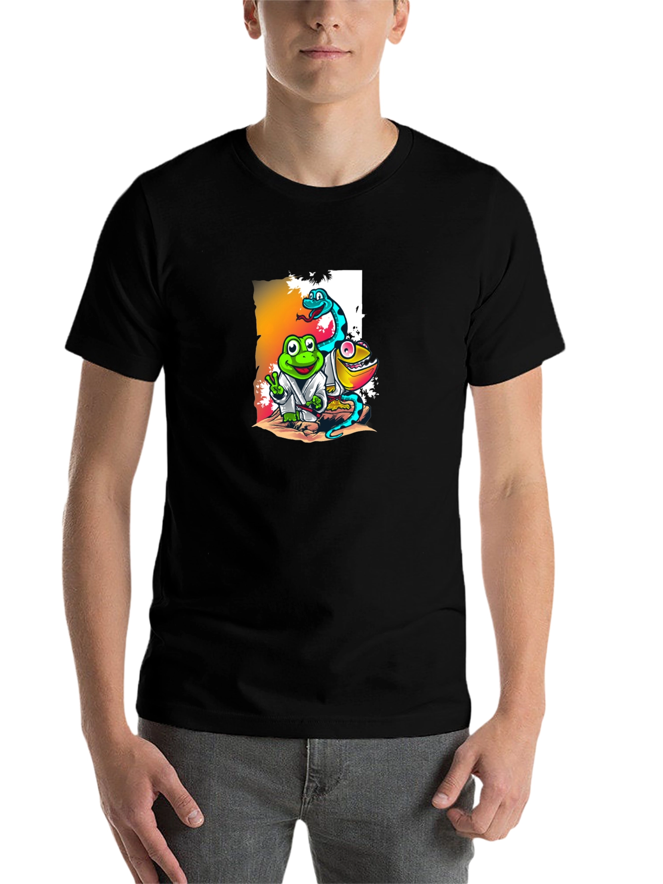 Black Cartoon Reptile Karate T-Shirt view 7