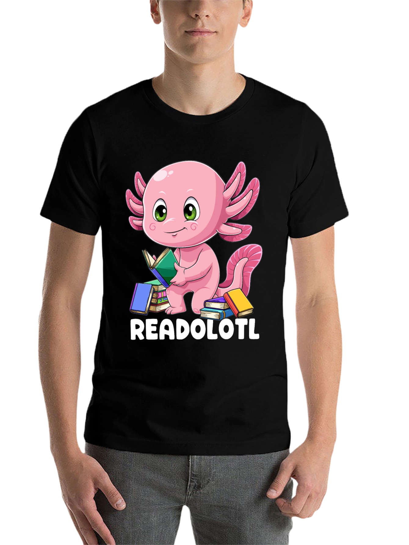 Black Readolotl Axolotl Reading Book T-Shirt view 7