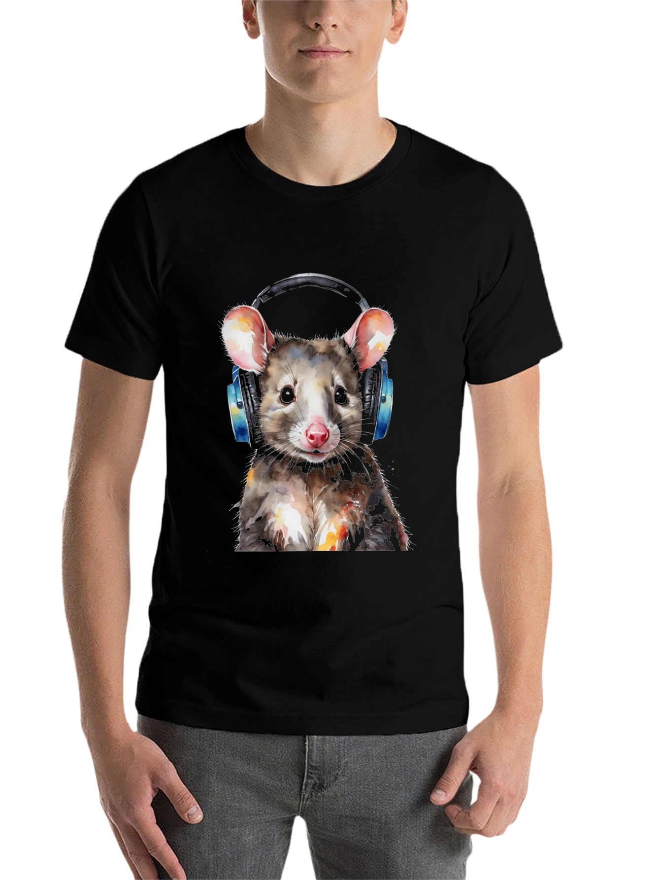 Black Cool Opossum T-Shirt with Headphones - Unique Graphic Tee view 7