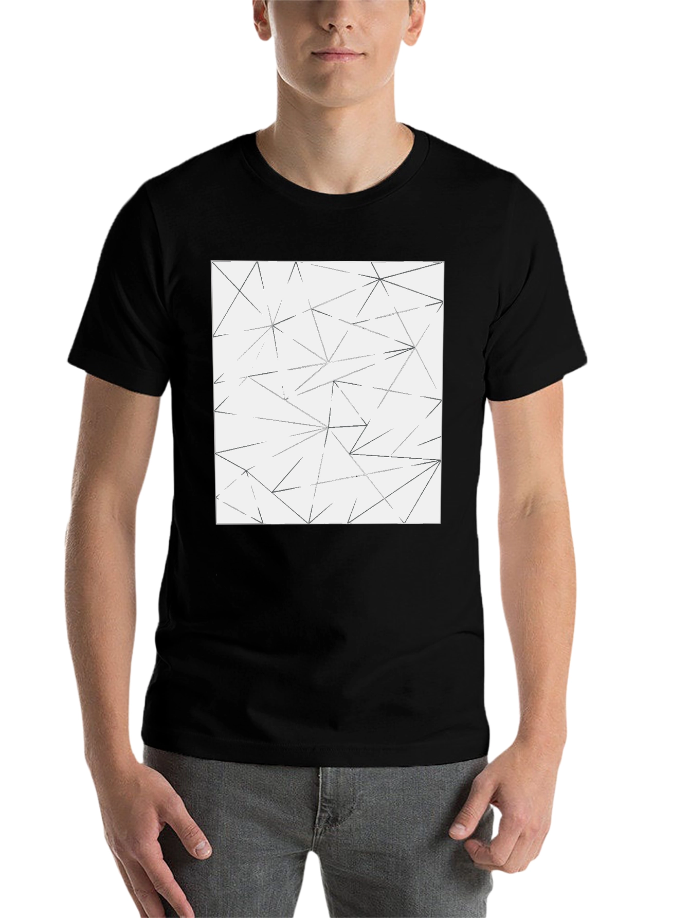 Black Geometric Line Pattern Tee - Modern Black T-Shirt view 7