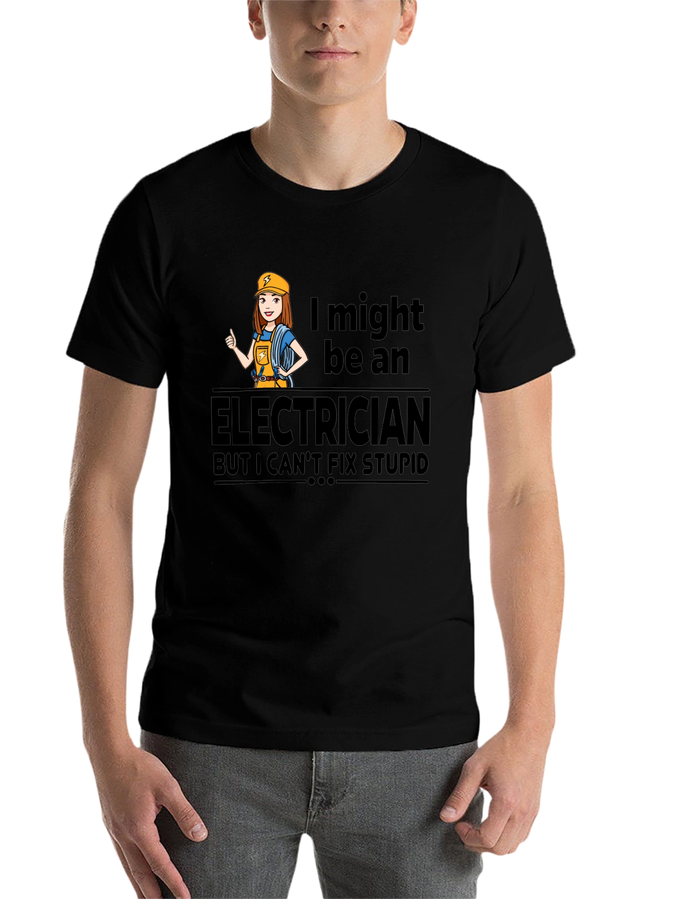 Black Electrician Humor T-Shirt - I Can't Fix Stupid view 7