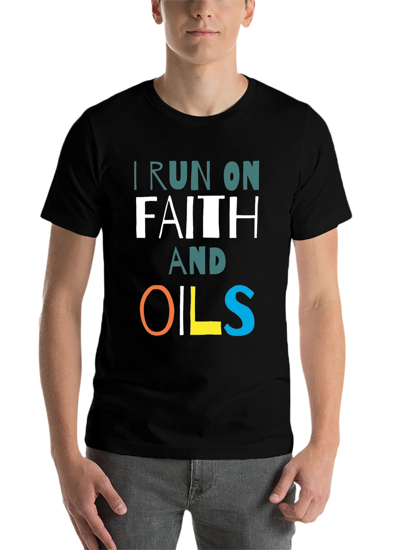 Black I Run on Faith and Oils T-Shirt view 7