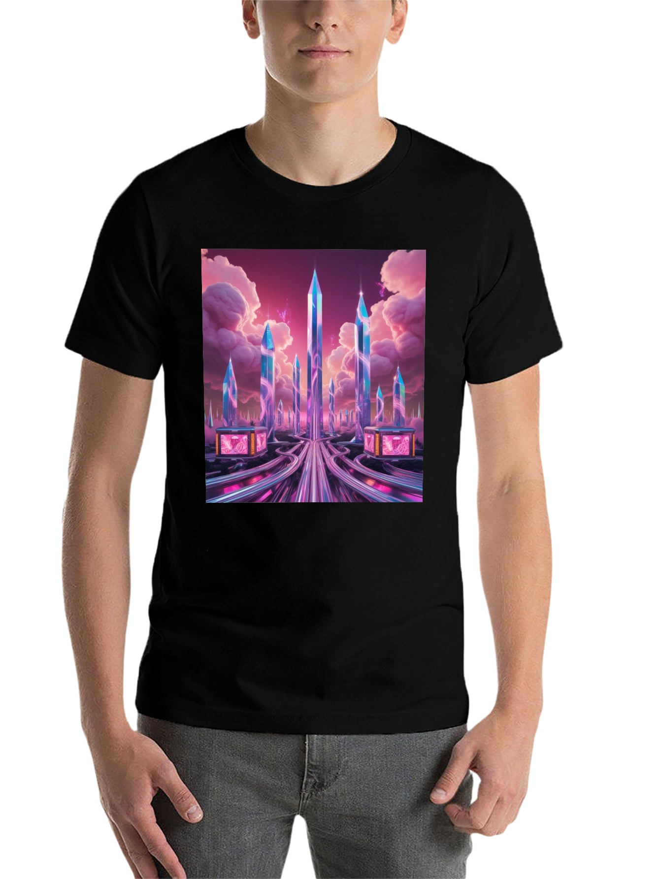 Black Futuristic Cityscape Graphic Tee view 7