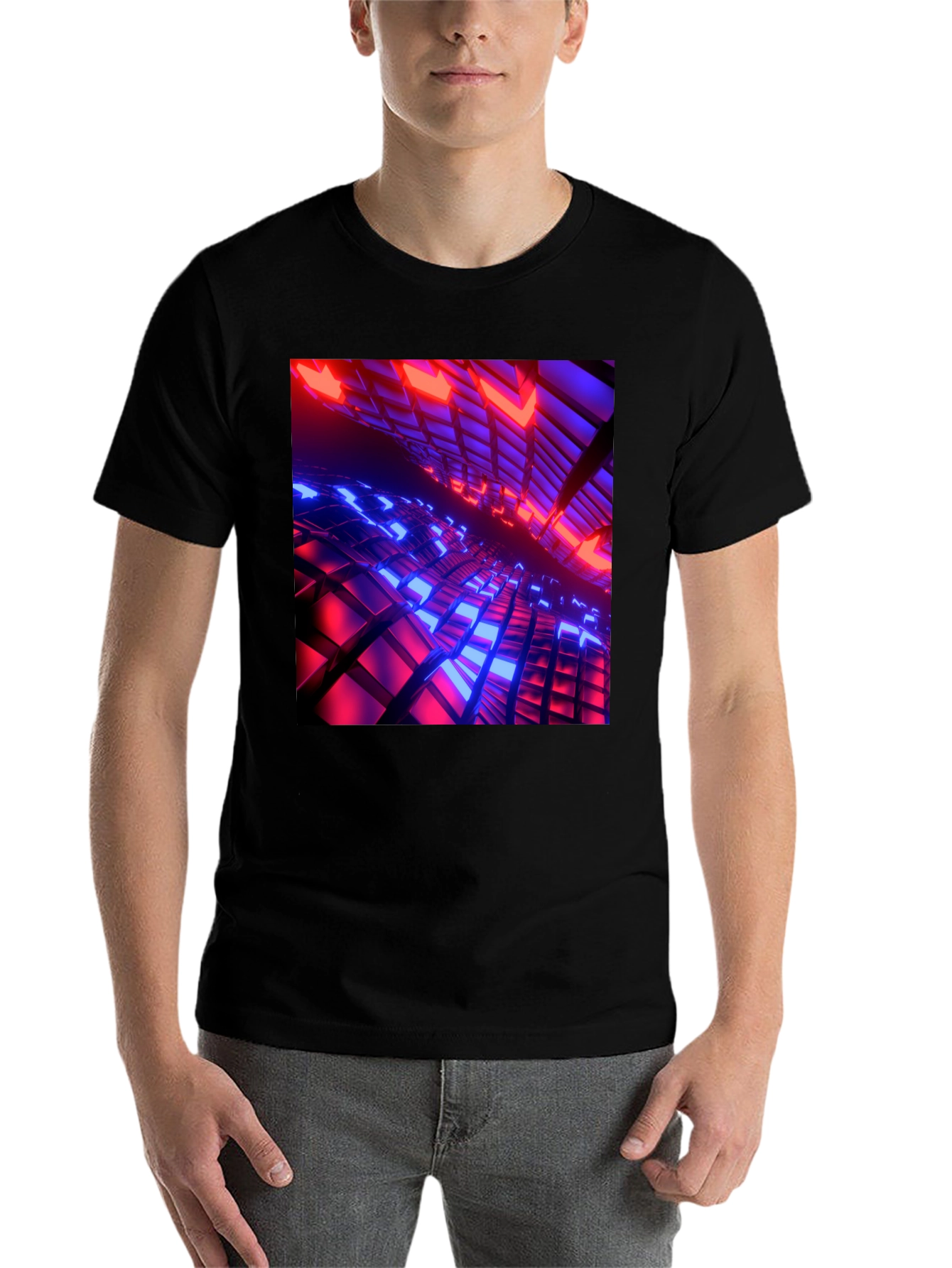 Black Cyber Grid T-Shirt: Red & Blue 3D Block Design view 7